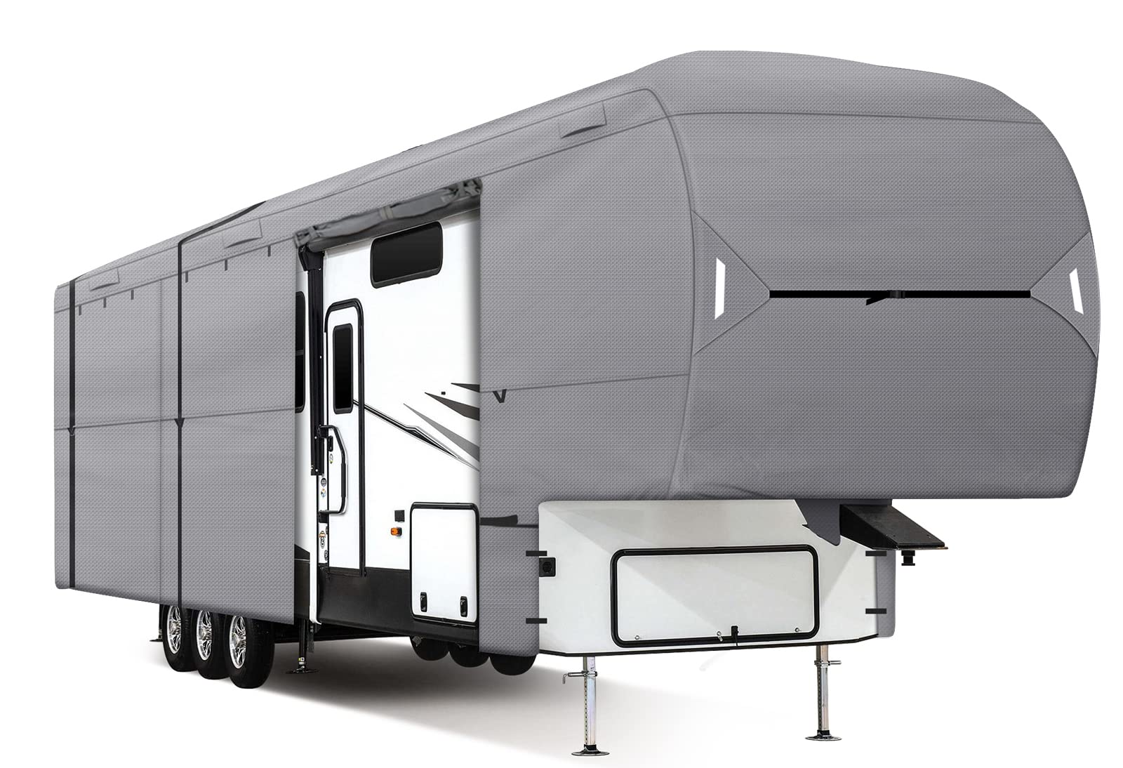 XGEAR Heavy Duty 5th Wheel RV Cover - Windproof & Waterproof Camper Cover for 33' to 37' Trailers with 5-Layer Reinforced Roof - Maximum Weather Protection - Grey - Perfect for Winter Storage & Outdoor Camping