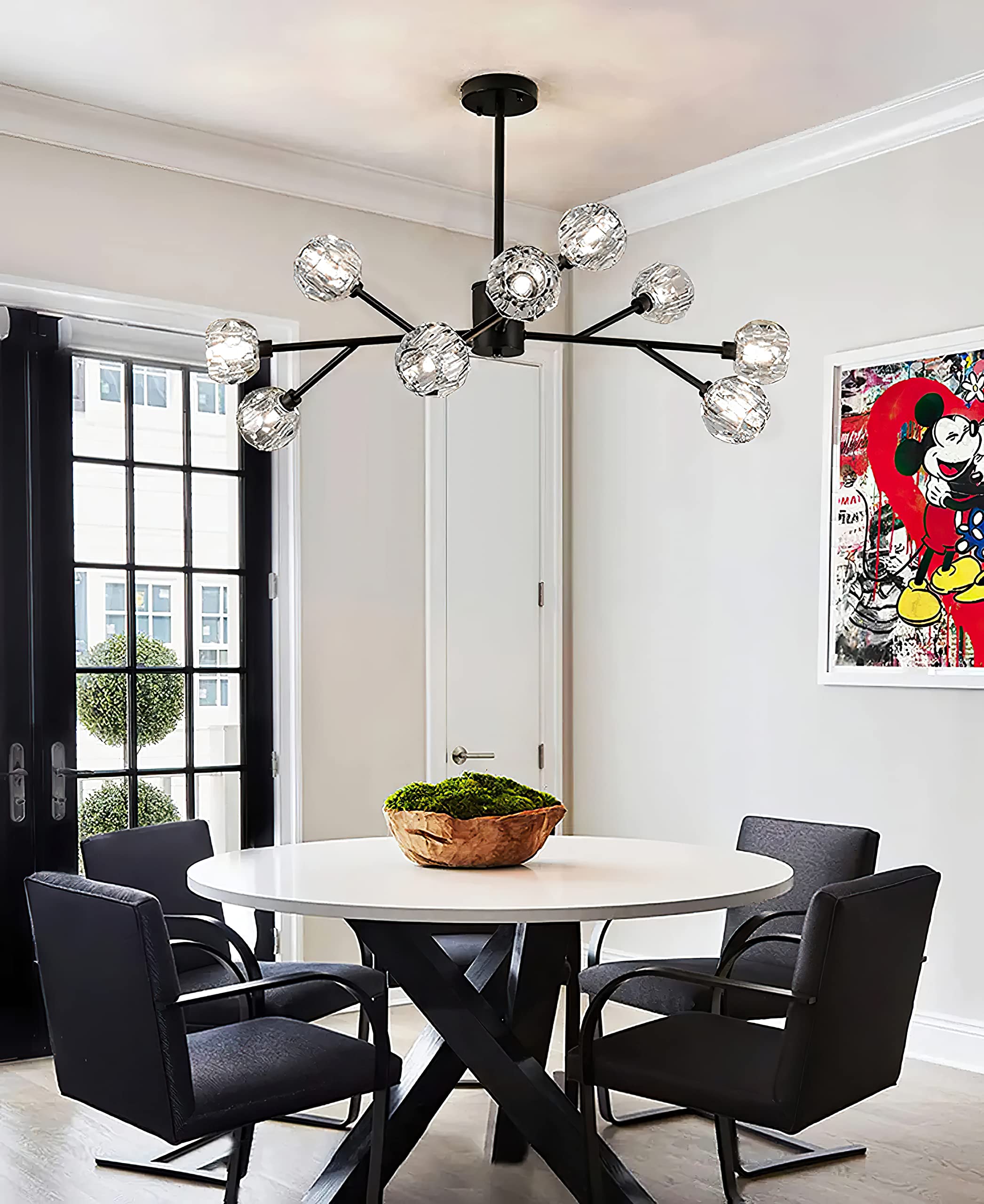 Modern Black Sputnik Chandelier - 9-Light Crystal Pendant Lighting Fixture for Living Room, Dining Room, Bedroom | Elegant Home Decor for Contemporary Interiors & Dinner Parties