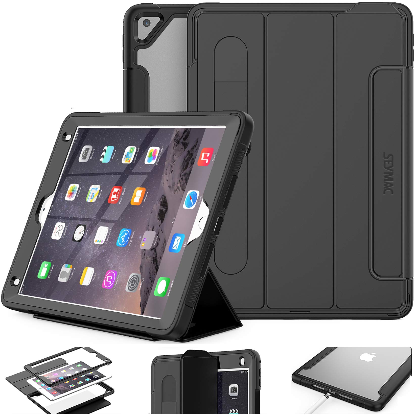 SEYMAC iPad 6th/5th Generation Case - Slim Magnetic Auto Sleep Cover with Clear Back Stand & Screen Protector for iPad 6/5/Air 2/Pro 9.7 (Black) | Perfect for Work, Travel & Home Use