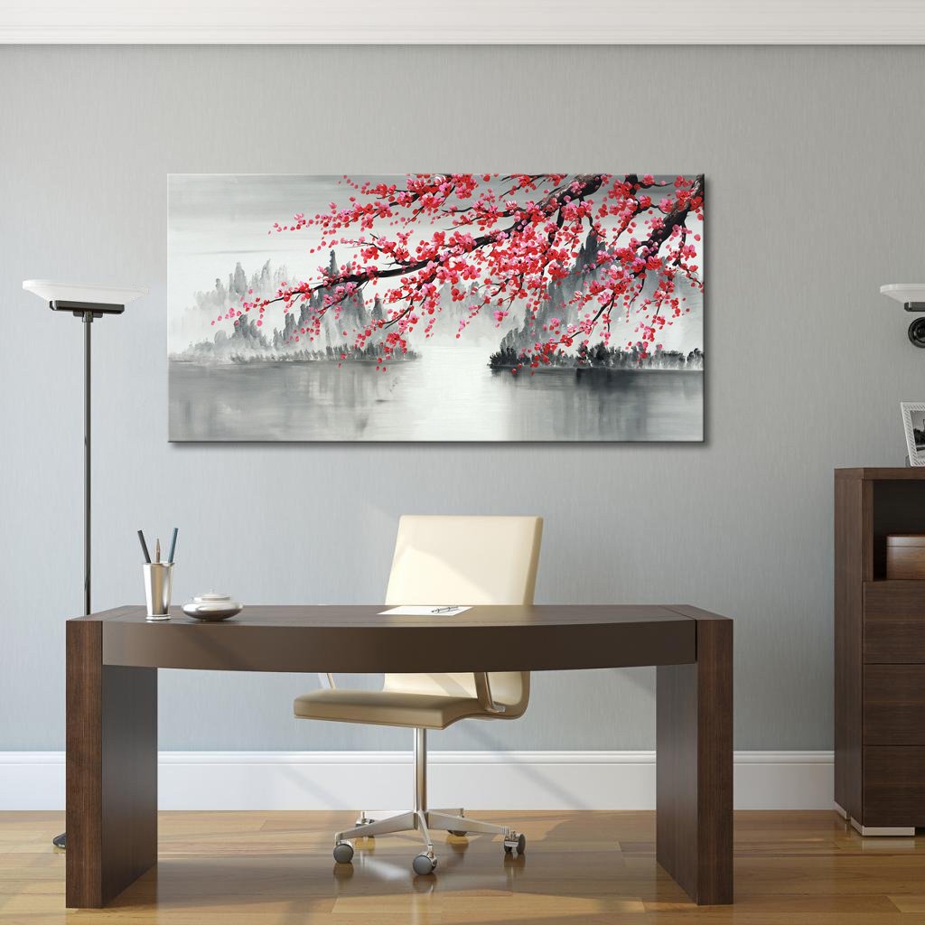 Hand-Painted Chinese Plum Blossom Canvas Wall Art - 60x30 Inch Black & White Landscape Oil Painting - Modern Asian Home Decor for Living Room, Bedroom & Office