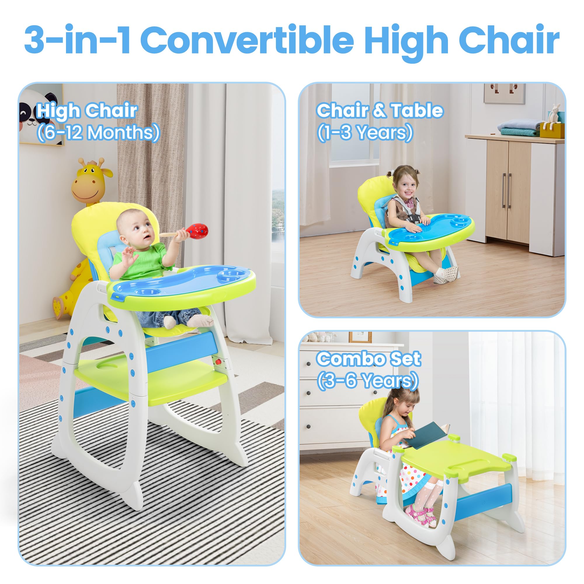 SANDINRAYLI Convertible High Chair for Babies & Toddlers (6 Months to 6 Years) - Adjustable Baby Feeding Chair with Easy-Clean Design - Green | Perfect for Dining, Weaning & Family Mealtime
