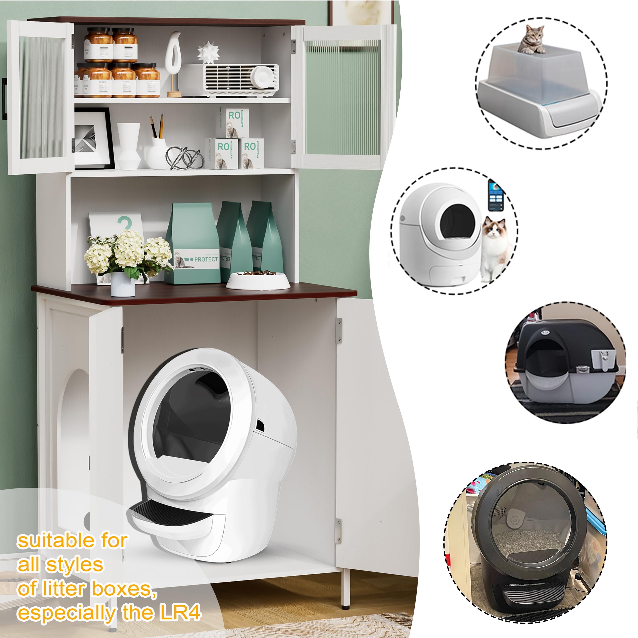 PAKASEPT Cat Litter Box Enclosure Furniture for Self-Cleaning Litter Box - Modern Litter Box Cabinet with Shelves & Doors for Large Smart Cat Toilet - Perfect for Living Room, Bedroom or Home Office Decor