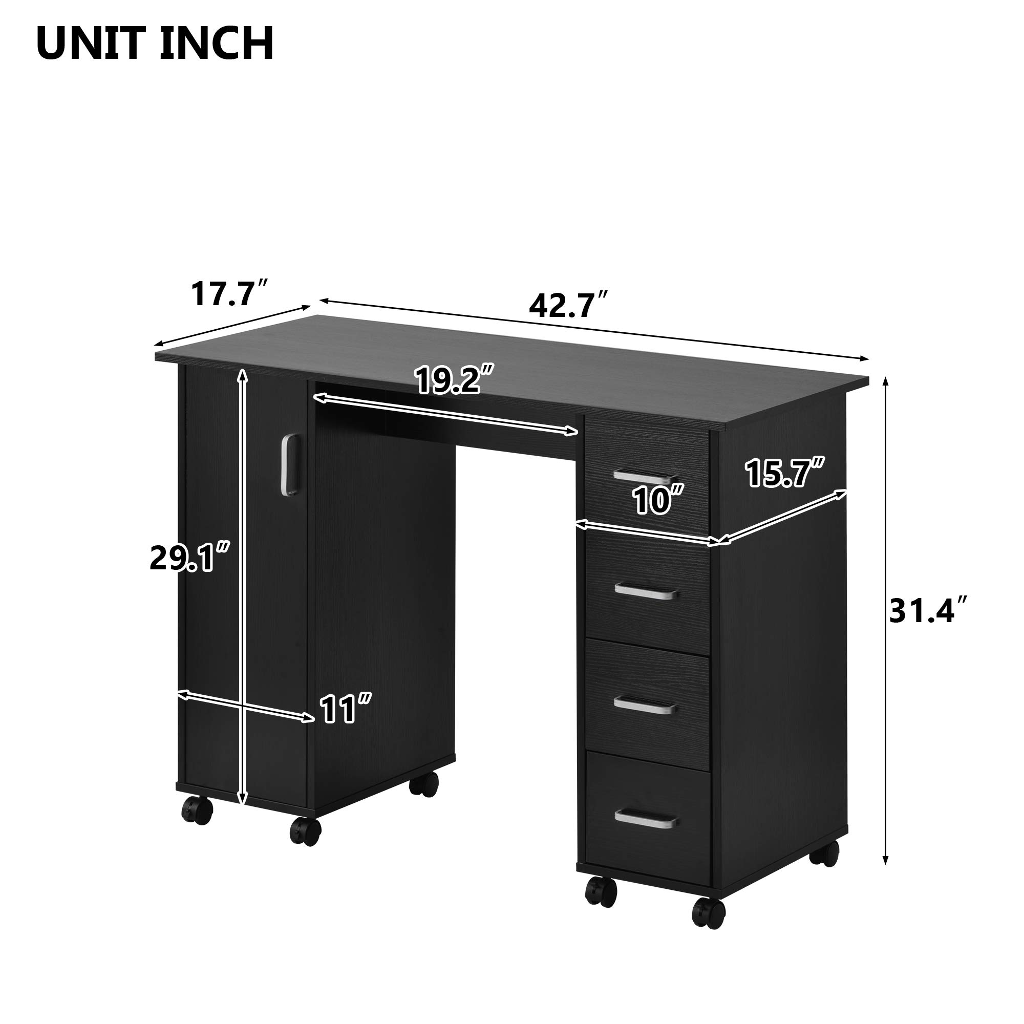Professional SSLine Manicure Nail Table Station with Wheels - Portable Nail Salon Desk with 4 Drawers & Cabinet - Black Beauty Spa Workstation for Nail Art & Pedicure - Perfect for Home Salons, Spas & Professional Nail Technicians