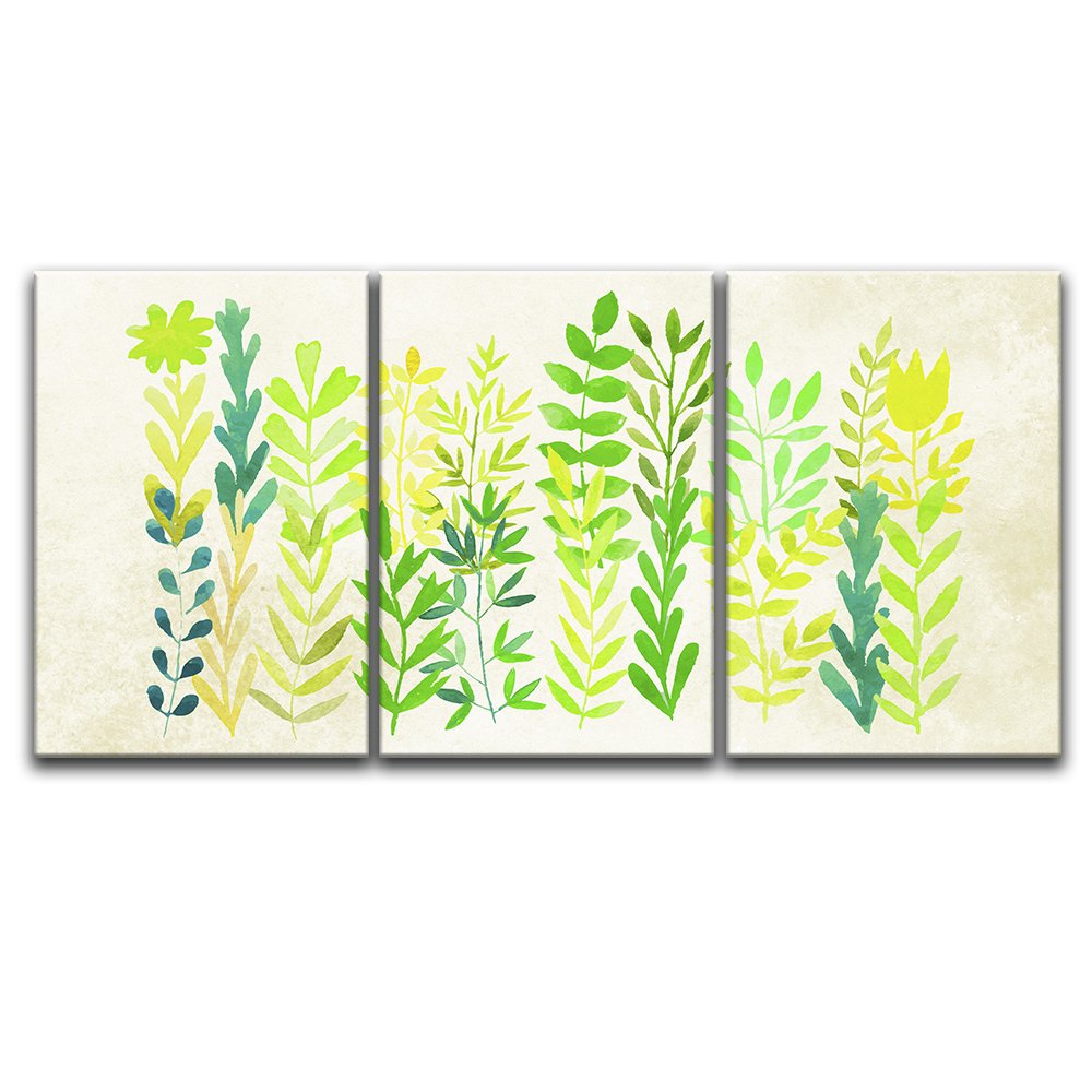 3 Panel Canvas Wall Art - Watercolor Green Leaves Giclee Print, Gallery Wrapped Modern Home Decor (16