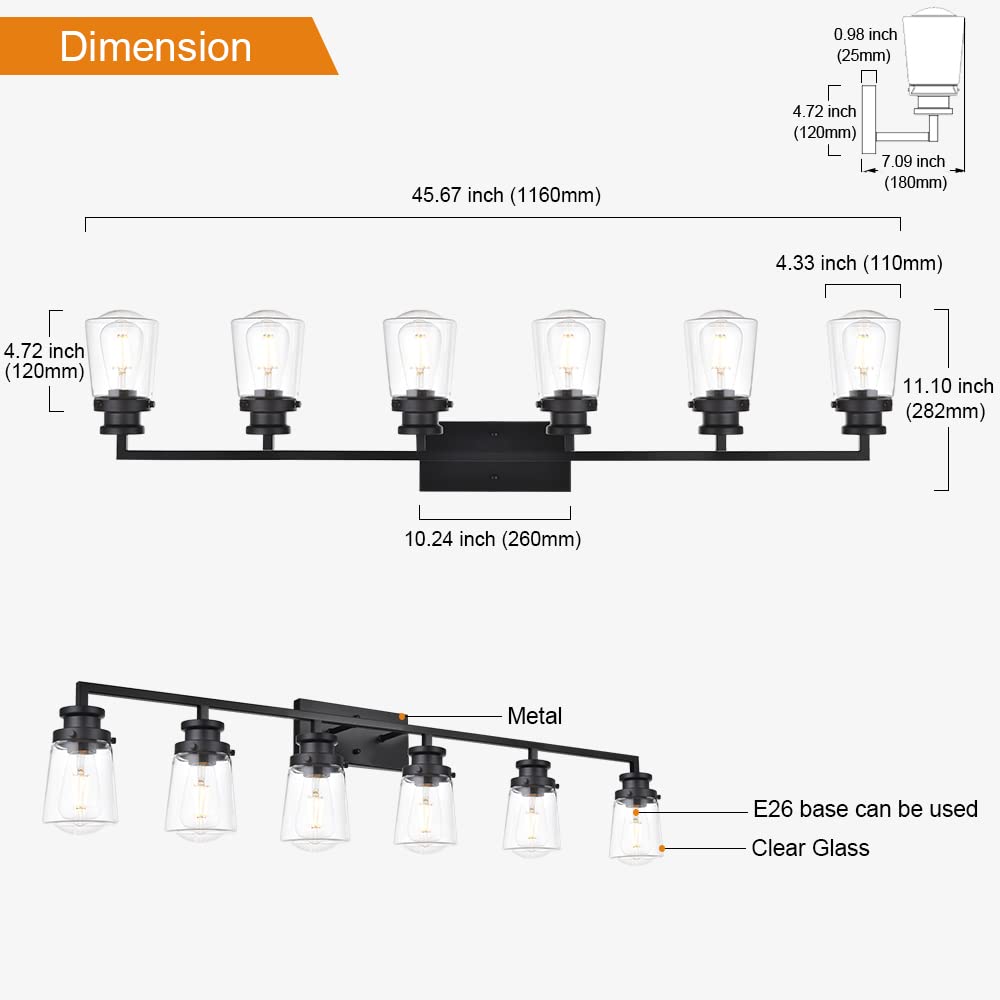 VINLUZ 6-Light Matte Black Bathroom Vanity Light Fixture - Modern Wall Mounted Mirror Lighting with Clear Glass Shades & E26 Base | Perfect for Contemporary Bathrooms, Powder Rooms & Dressing Areas