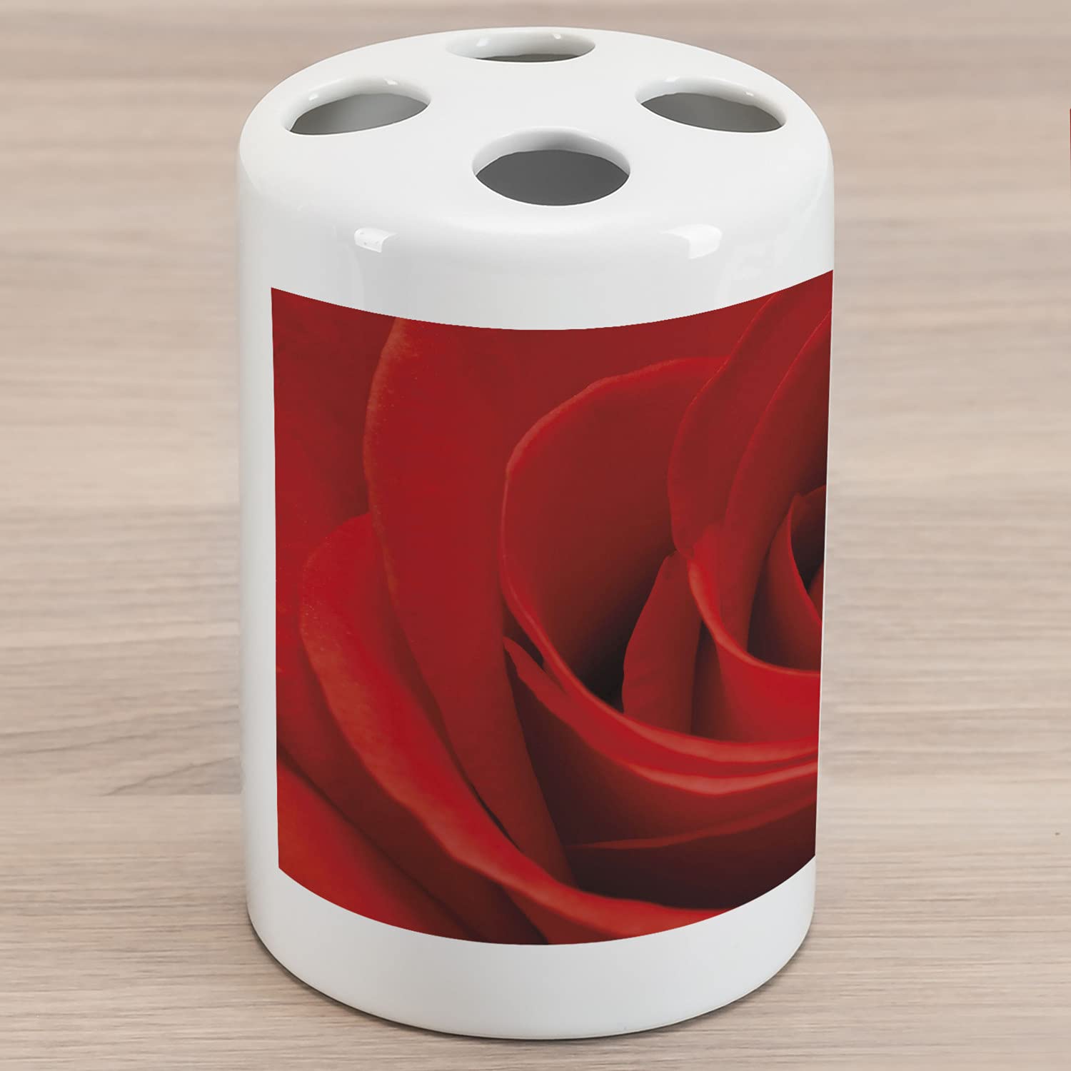 Ambesonne Rose Ceramic Toothbrush Holder - Valentine's Day Gift for Couples, Bathroom Decor with Red Rose Design, 4.5