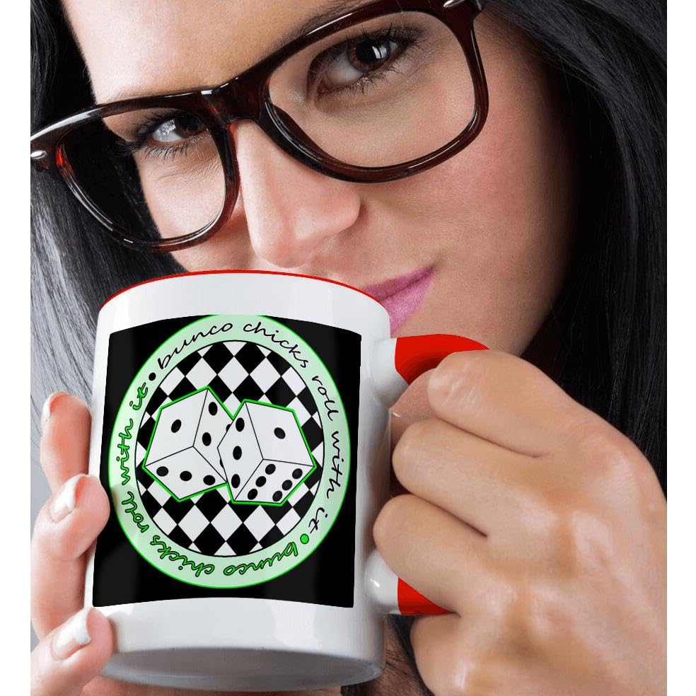 3dRose 15oz Two-Tone Red Coffee Mug - 'Bunco Chicks Roll With It' Dice Rolling Cup Design | Funky Novelty Mug for Bunco Lovers, Perfect Gift for Game Nights & Parties | Great for Coffee, Tea & Dice Games