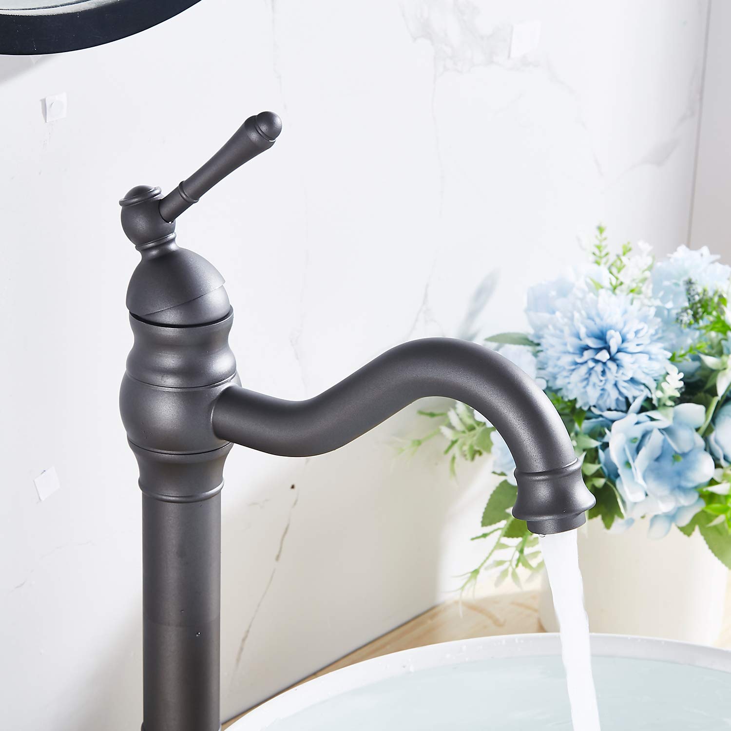 GGStudy 360° Swivel Single-Handle Bathroom Faucet - One Hole Vessel Sink Faucet with Pop Up Drain, Grey Farmhouse Vanity Faucet for Bathroom Sink, Perfect for Modern Farmhouse & Rustic Bathroom Decor