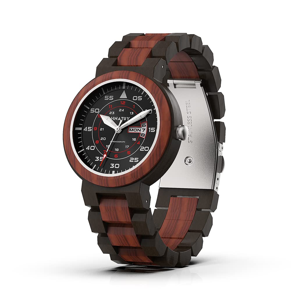 HNATUY Handmade Wooden Watch for Men - Japanese Quartz Movement with Month & Date Display - Stylish Casual Wristwatch for Outdoor, Office & Everyday Wear
