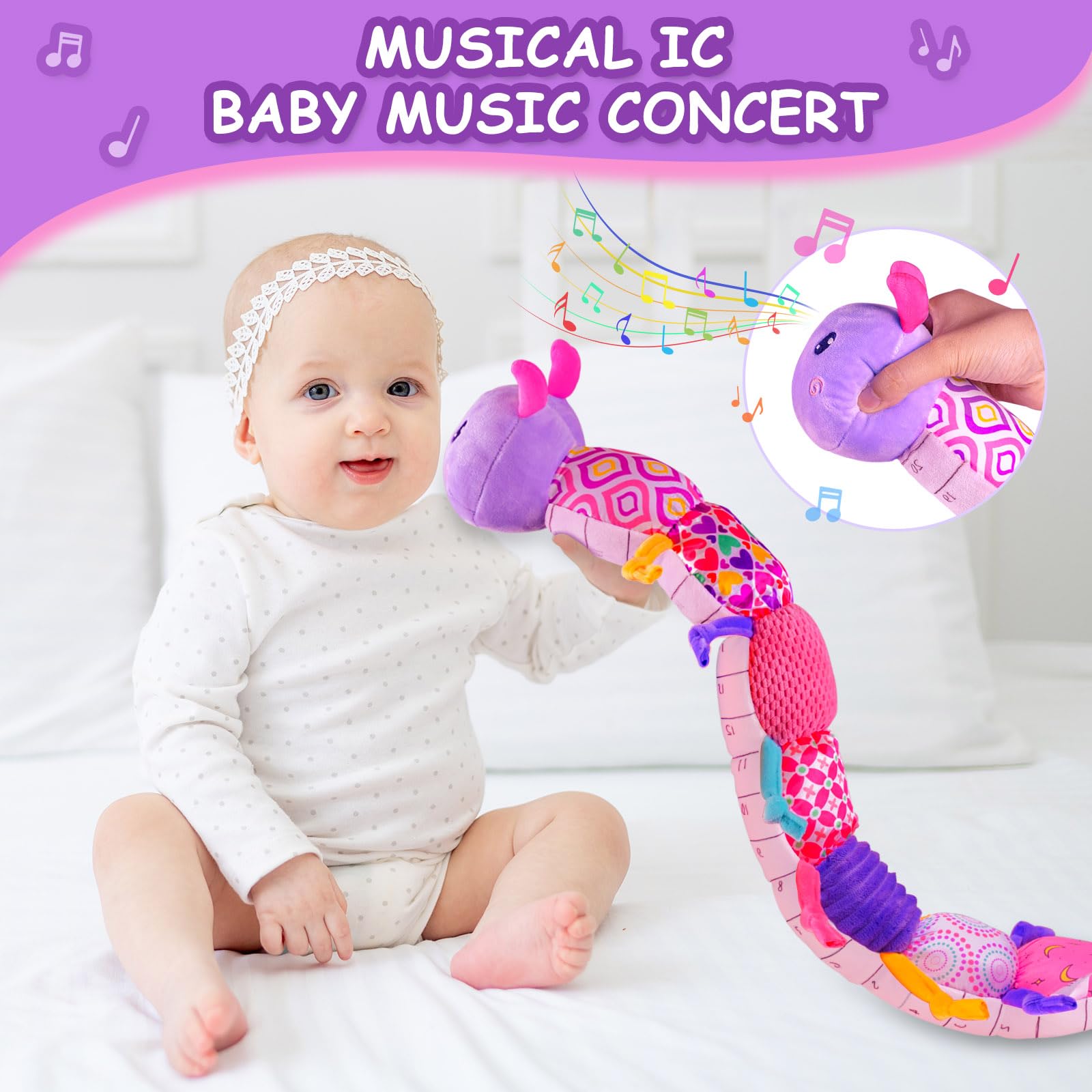 Soft Textured Baby Stuffed Animal Toy with Rattle & Crinkle Sounds - Sensory Developmental Toy for Infants 0-12 Months | Perfect Baby Shower Gift for Girls & Boys | Caterpillar Plush Toy in Purple for Tummy Time & Early Learning Play