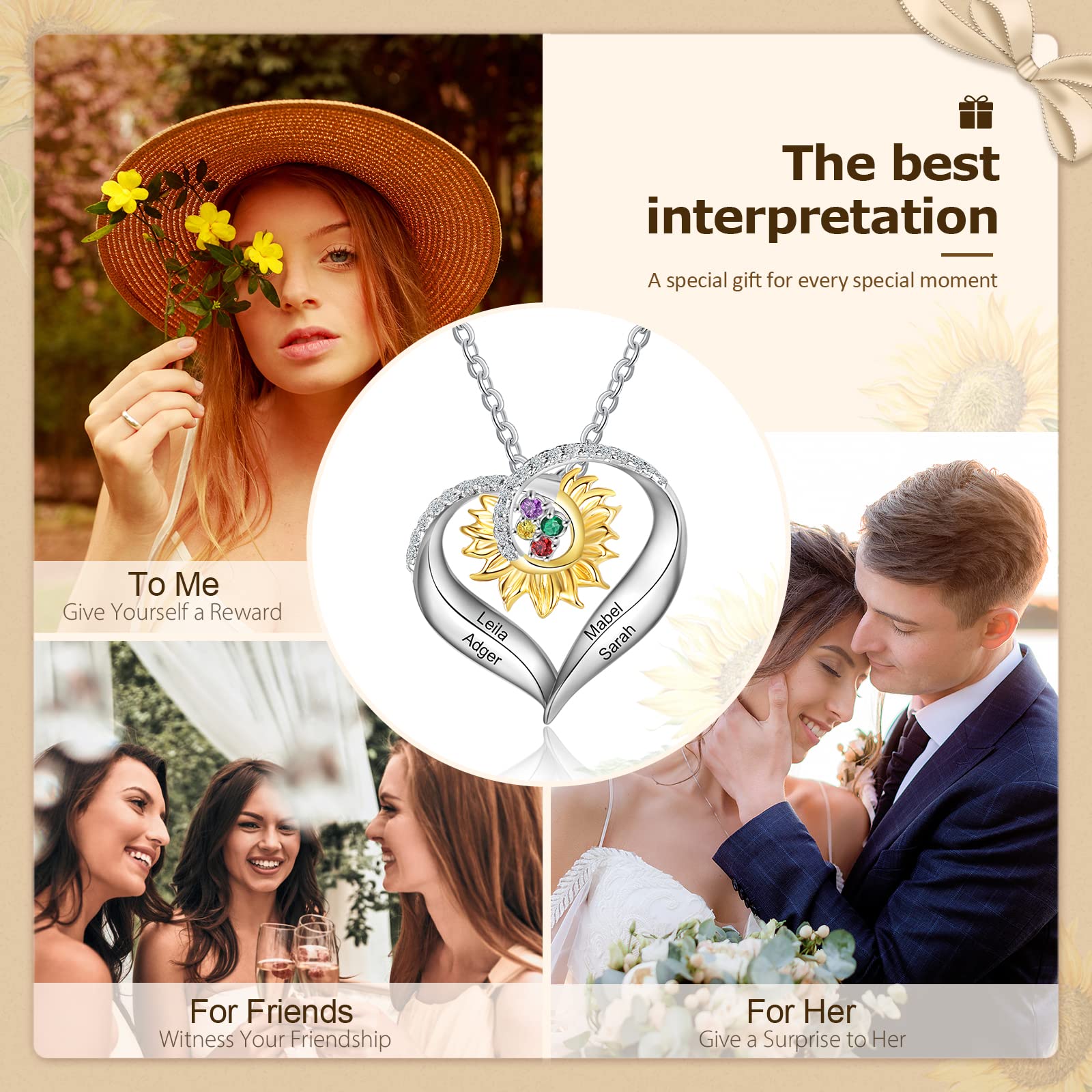 Personalized Sunflower Heart Necklace for Women - Custom Name & Birthstone Jewelry - Mother's Day Gift for Mom, Wife, Grandmother - Perfect for Birthdays, Anniversaries & Special Occasions