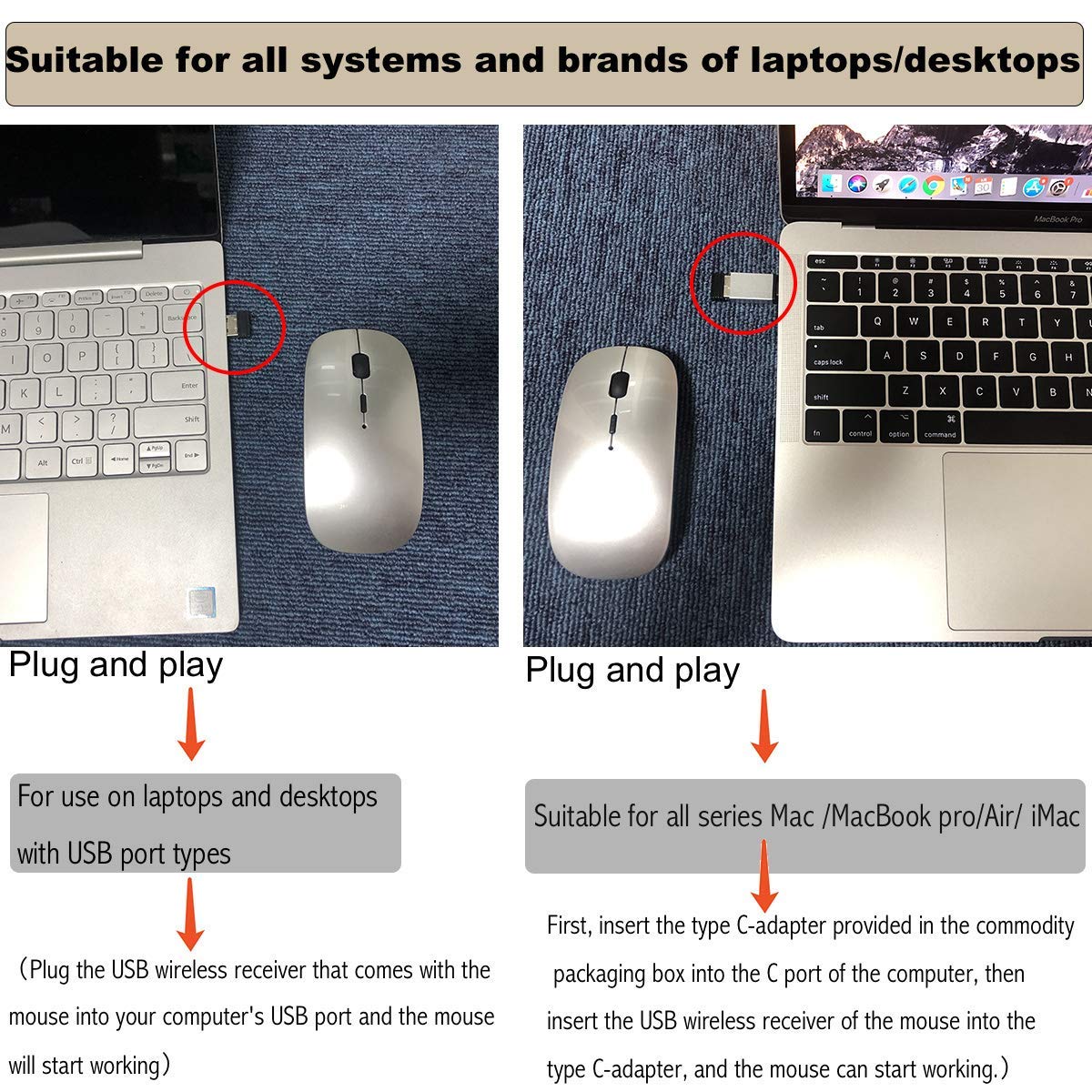 Rechargeable Wireless Mouse for Laptop, Mac, PC - 2.4G USB-C Mouse Compatible with MacBook Pro/Air, iMac, Chromebook & Windows Computers (Gray Black) - Perfect for Office, Home & Travel Use