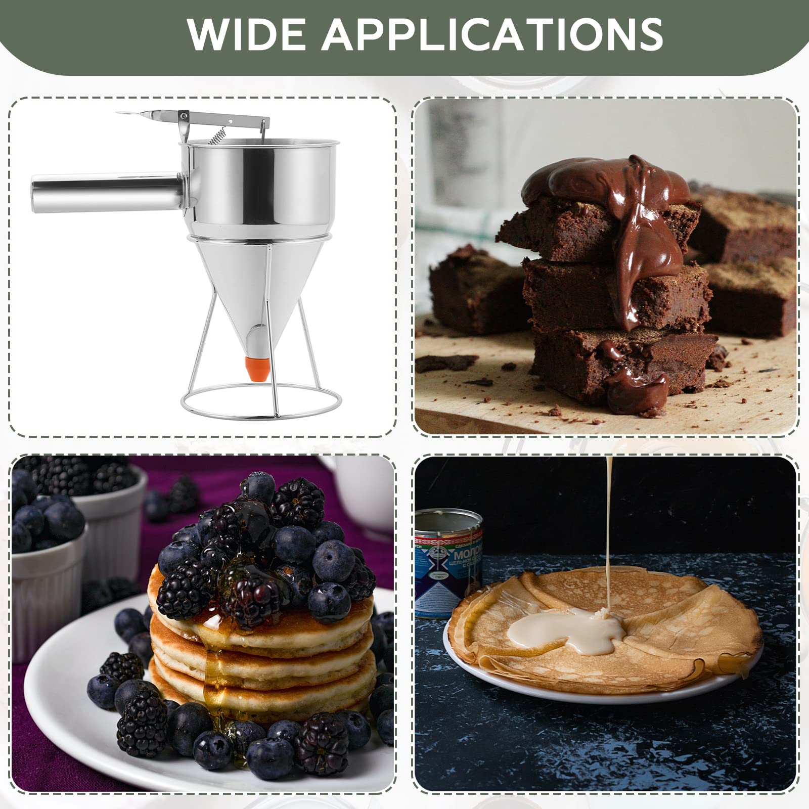 1200ML/40OZ Stainless Steel Pancake Batter Dispenser with 4 Nozzles - Piston Funnel Dispenser with Detachable Handle & Stand for Takoyaki, Baking Cakes, Desserts - Perfect for Home Kitchen, Bakery Shops, and DIY Dessert Making