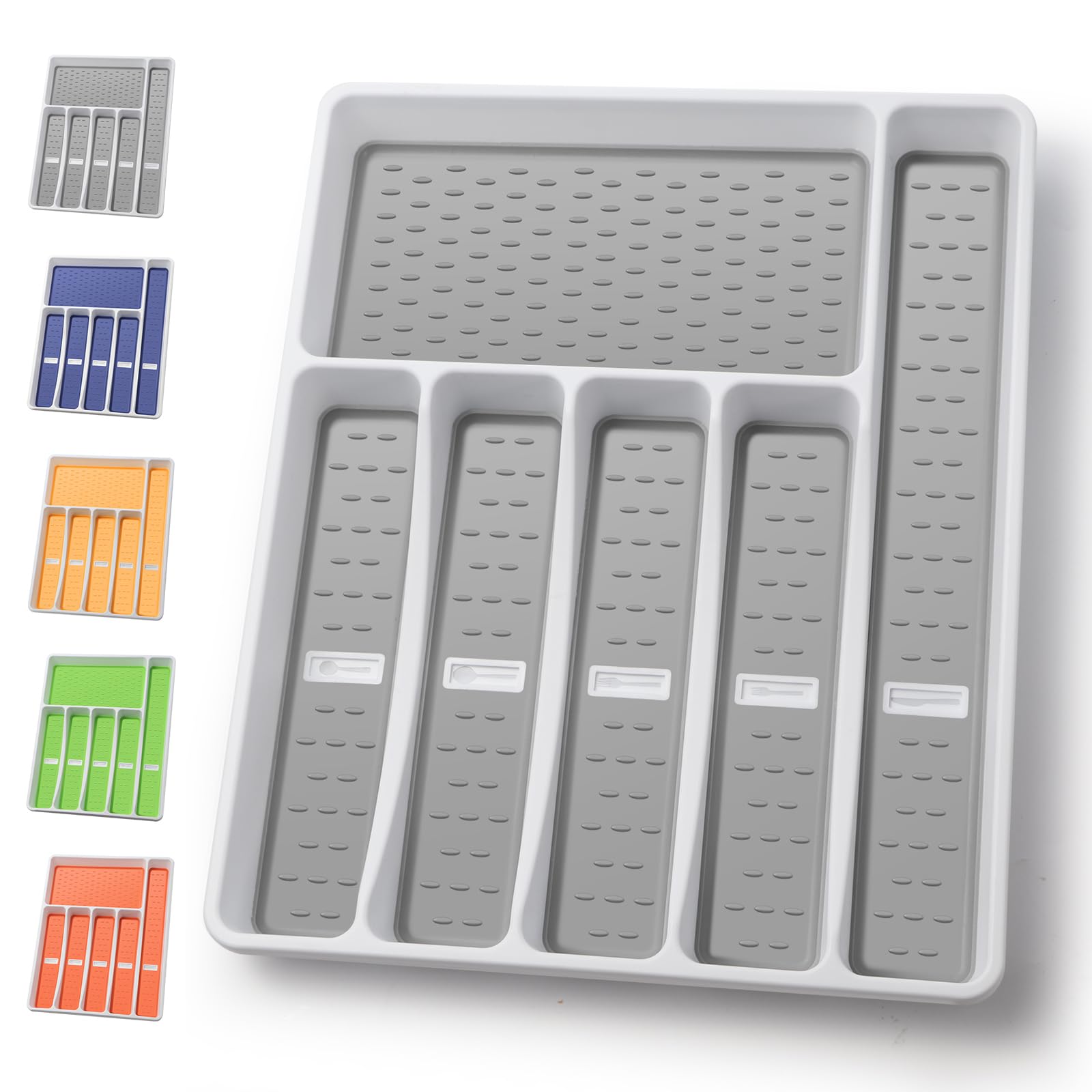 Silverware Organizer with Cutlery Icons - 6-Compartment Plastic Flatware Drawer Tray for Kitchen Utensils | Non-Slip TPR Linings | Perfect for Dining Room & Kitchen Drawer Organization