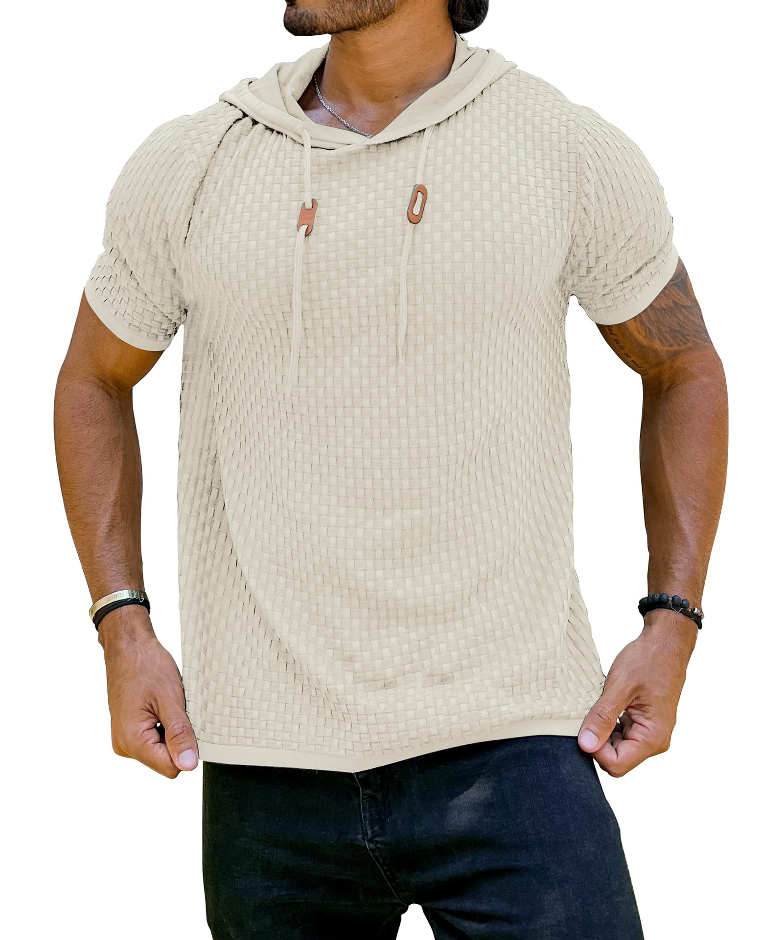 Zaitun Men's Short Sleeve Hoodie Shirt - Casual Waffle Knit Pullover Sweater for Men | Lightweight Summer Top for Outdoor Activities, Travel & Lounge Wear