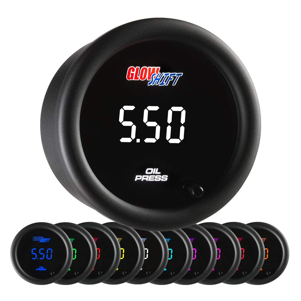 GlowShift 10 Color Digital BAR Oil Pressure Gauge Kit with Electronic Sensor - Multi-Color LED Display & Tinted Lens - 2-1/16