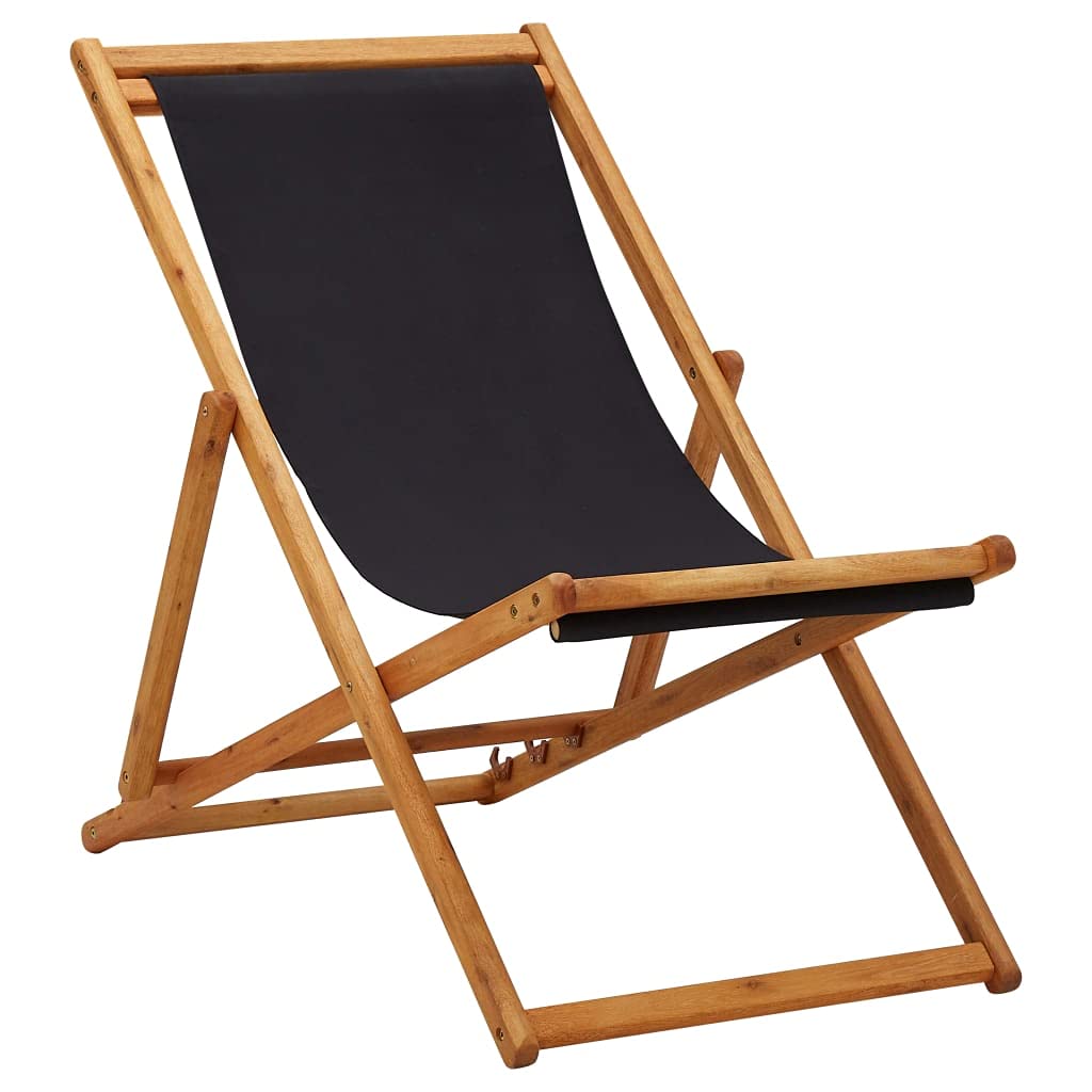GOTOTOP Adjustable Folding Beach Sling Chair - Solid Eucalyptus Wood Patio Lounge Chair with 3-Level Reclining & Armrests - Portable Outdoor Furniture for Backyard, Poolside & Beach Relaxation - Black