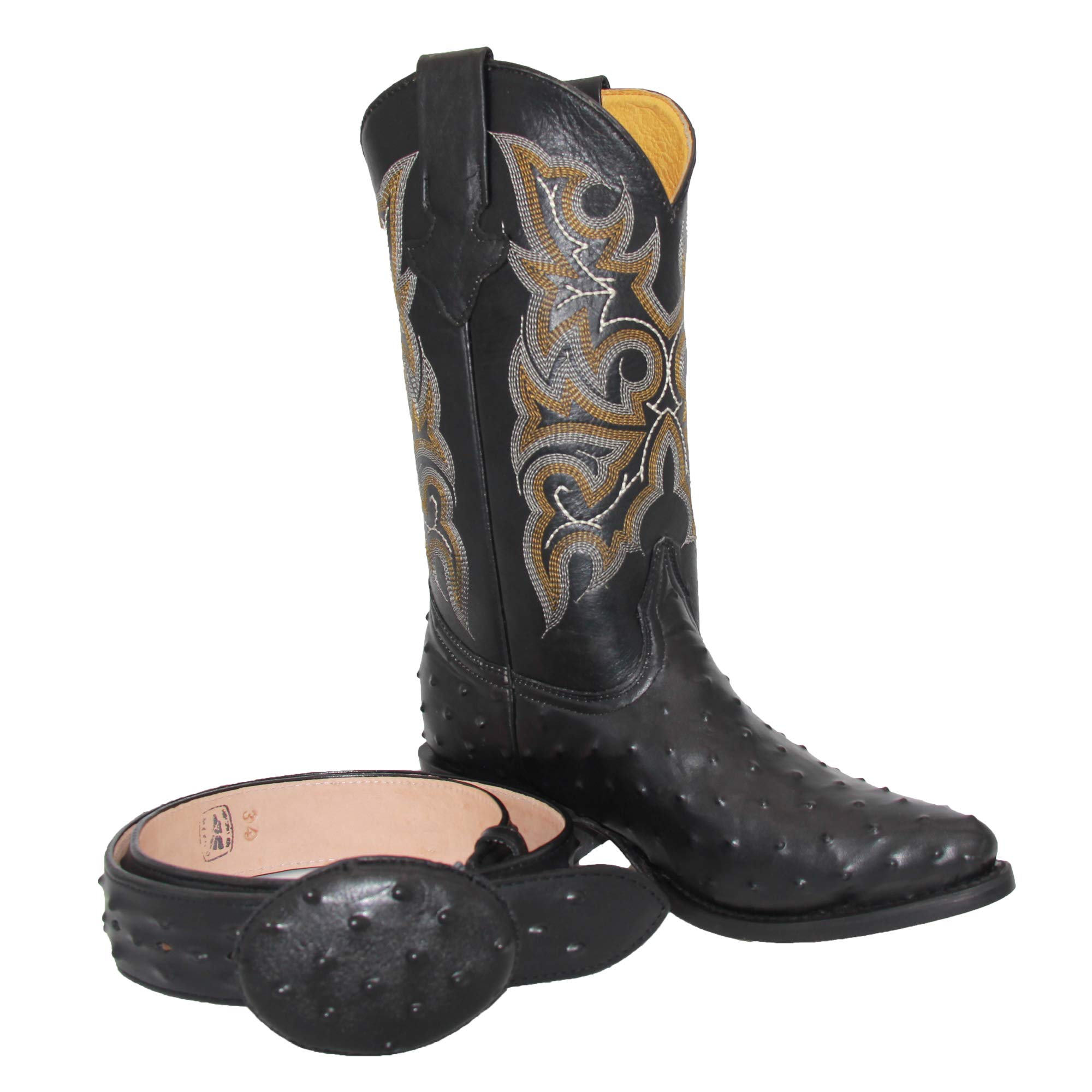 Men's Genuine Leather Cowboy Boots - Embossed Ostrich Quill Print Western Boots with Free Belt | Comfortable Riding & Country Style Footwear for Rodeo, Line Dancing & Casual Wear
