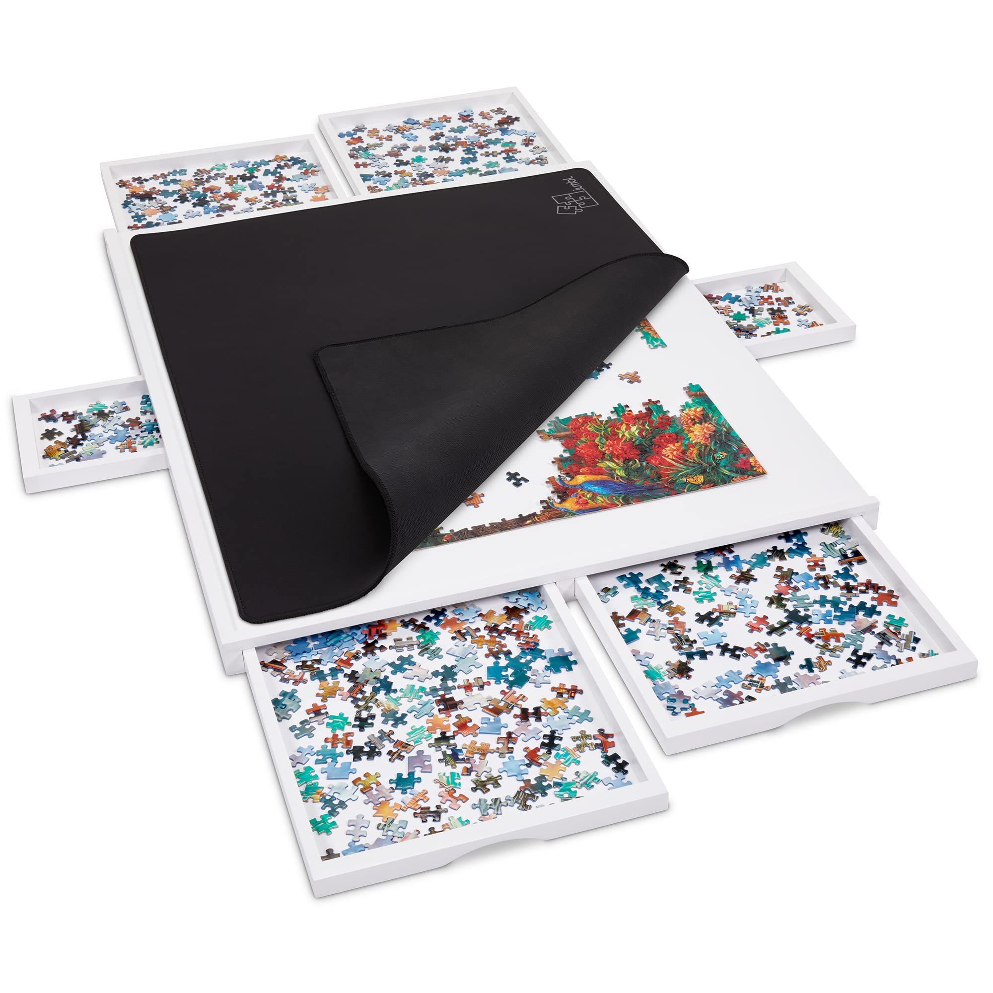 Jumbl 1500-Piece Puzzle Board with Cover - 27” x 35” Jigsaw Puzzle Table with 6 Removable Storage Drawers & Sorting Trays - Smooth Fiberboard Work Surface & Reinforced Hardwood Frame - Perfect for Family Game Nights, Puzzle Enthusiasts, and Educational Activities