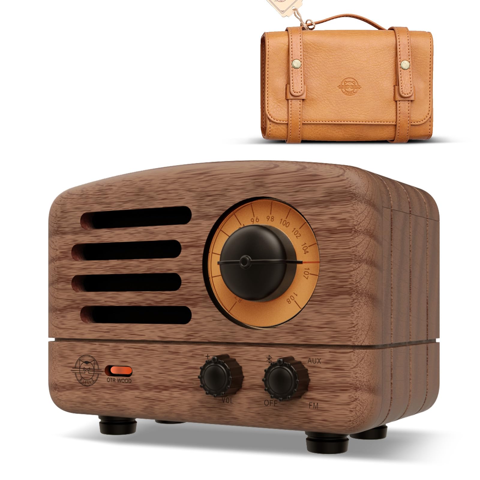Vintage Muzen OTR Wood Portable Bluetooth Speaker with FM Radio, AUX Input & 10+ Hours Playtime - High Fidelity Stereo Sound, Retro Suitcase Design - Perfect for Home, Office, Picnic, Travel & Gift Giving