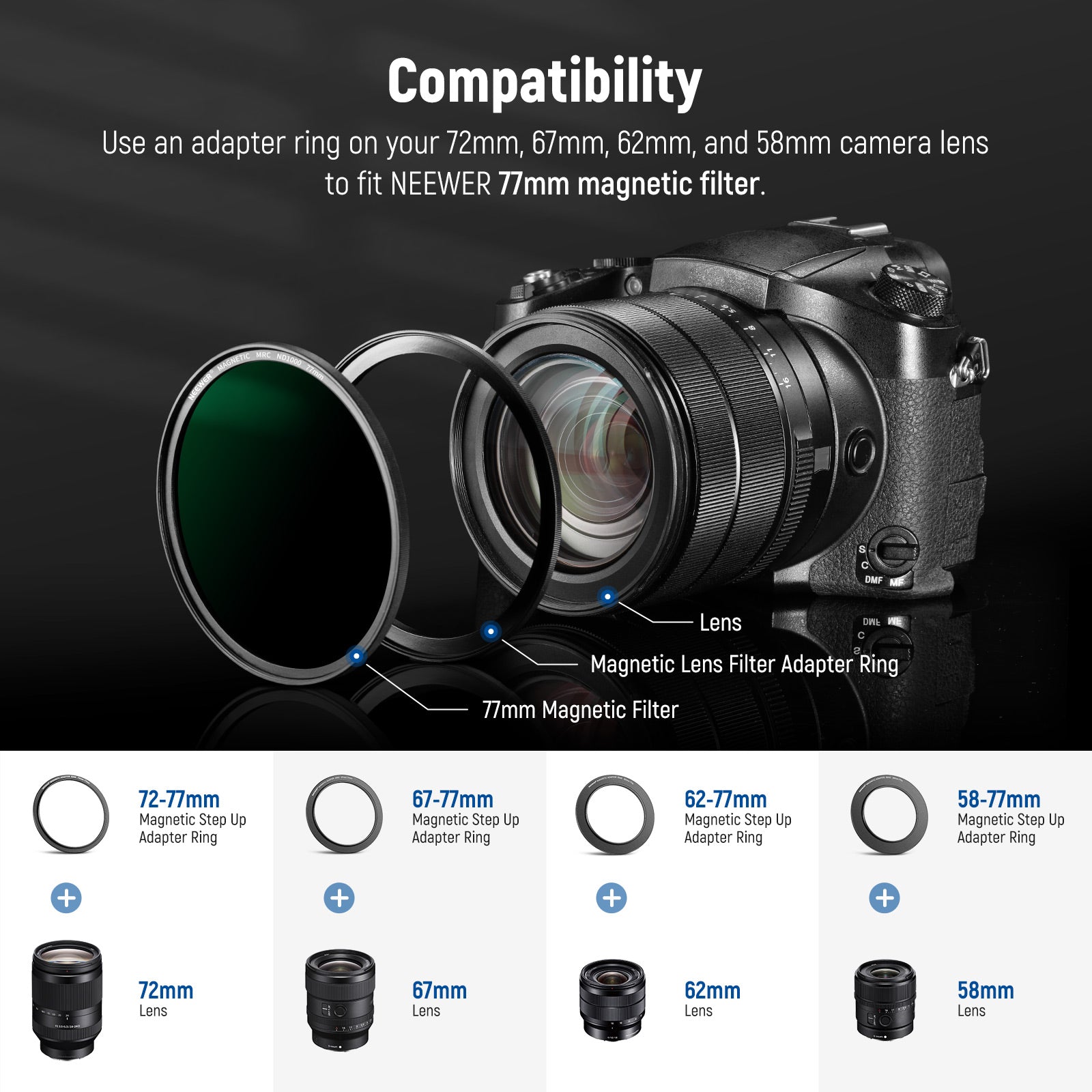 NEEWER Magnetic Step-Up Filter Ring Adapter Kit - Compatible with 52mm to 82mm Lens Filters - Perfect for DSLR, Mirrorless Cameras & Photography Accessories - Ideal for Outdoor, Portrait & Landscape Photography
