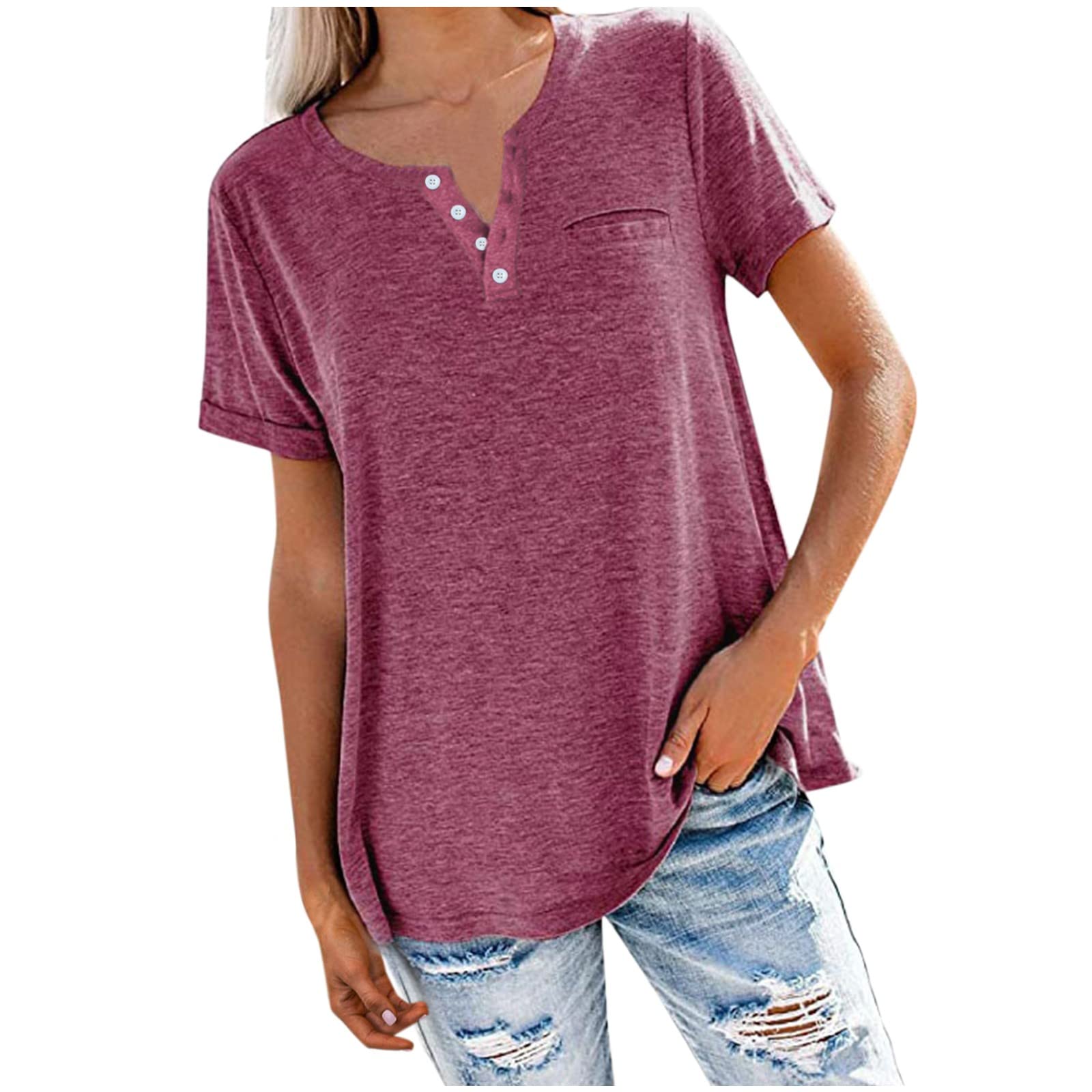 Women's Summer Short Sleeve V-Neck Casual Tops & Blouses - Breathable Loose Fit Solid Color T-Shirts for Everyday Wear | Perfect for Office, Outings & Vacation