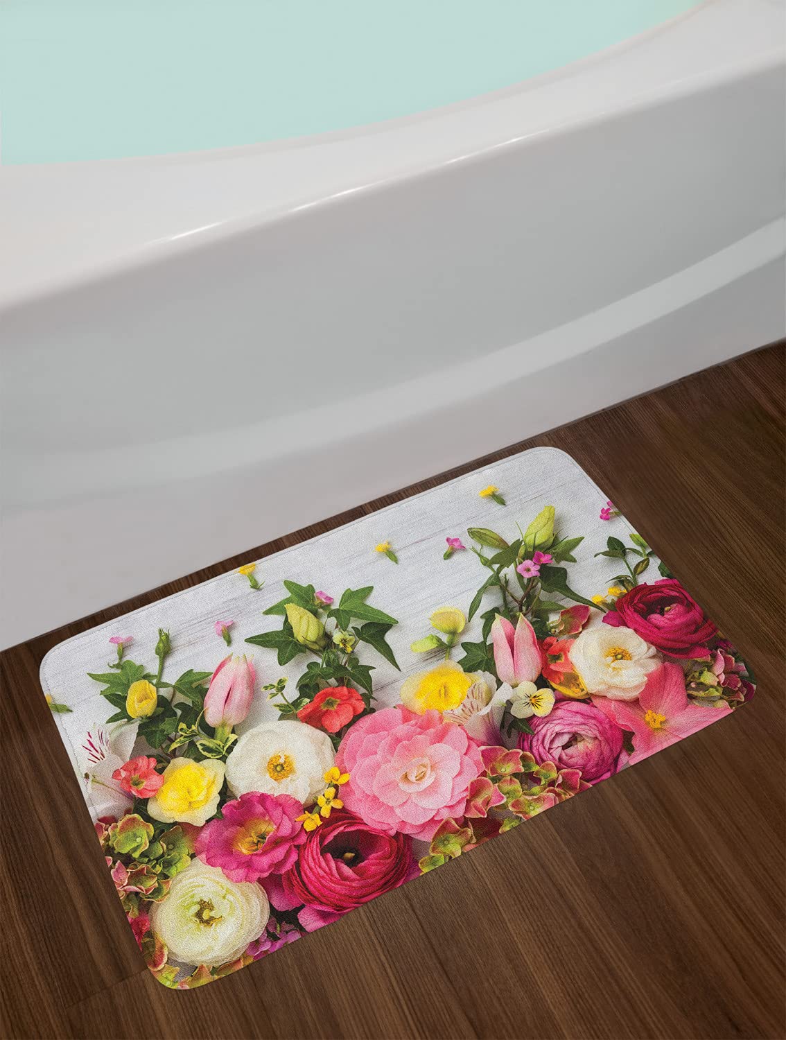 Ambesonne Rustic Floral Bath Mat - Non-Slip Plush Bathroom Rug with Ranunculus Flower Design on Wood Backdrop, 29.5