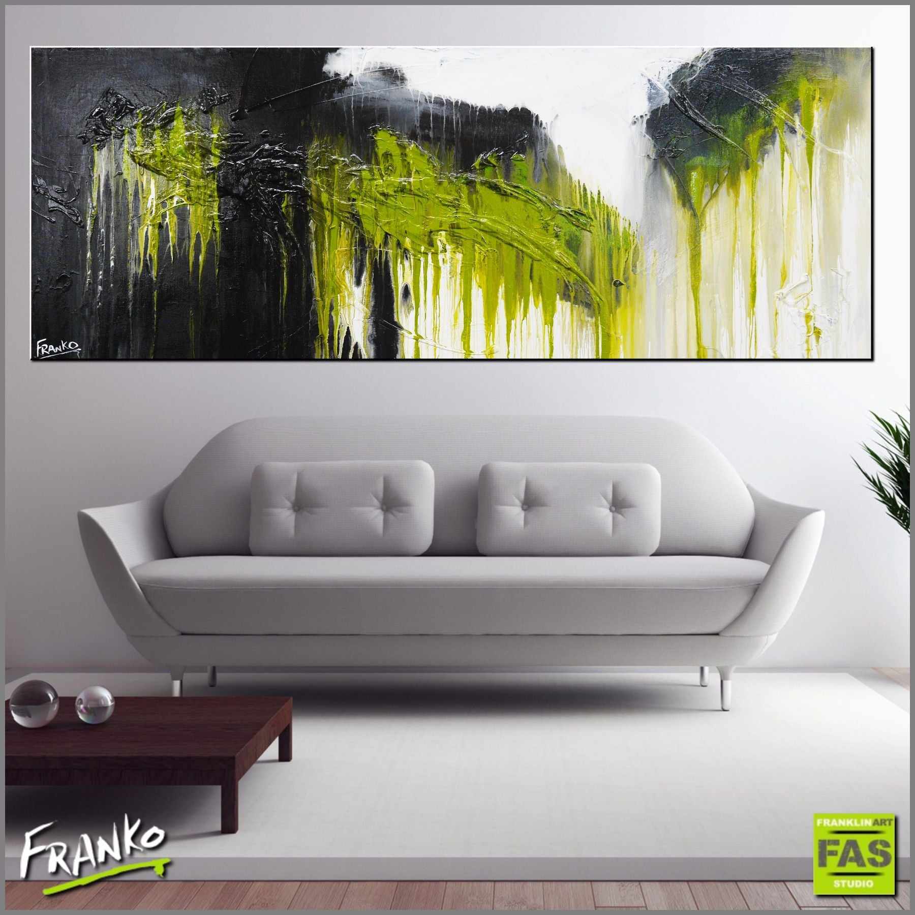 160cm x 60cm Black Green White Abstract Canvas Painting - Modern Brush Stroke Wall Art for Living Room, Bedroom & Office Decor
