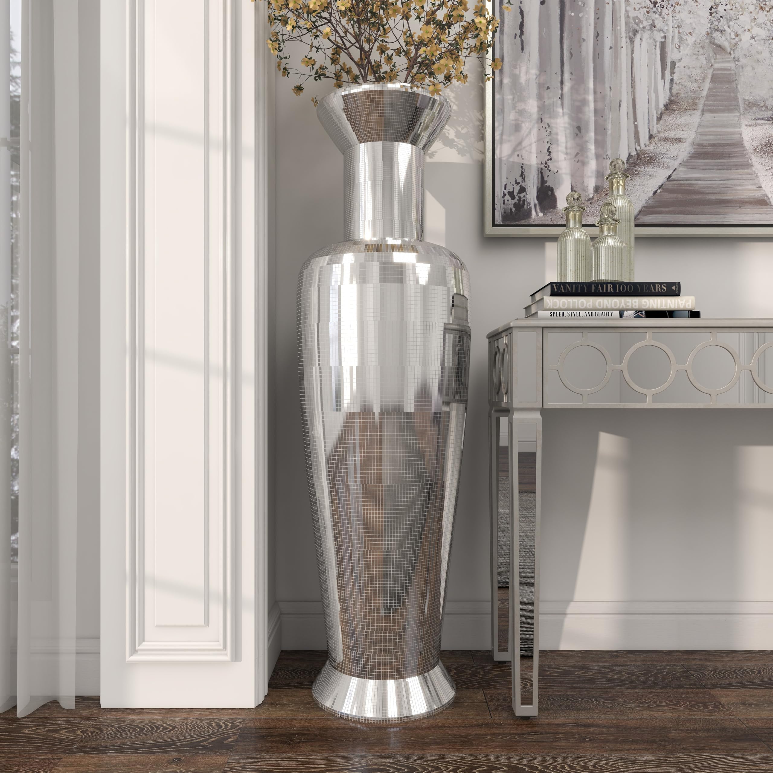 Deco 79 Tall Silver Polystone Floor Vase with Mosaic Mirror Inlay - 15