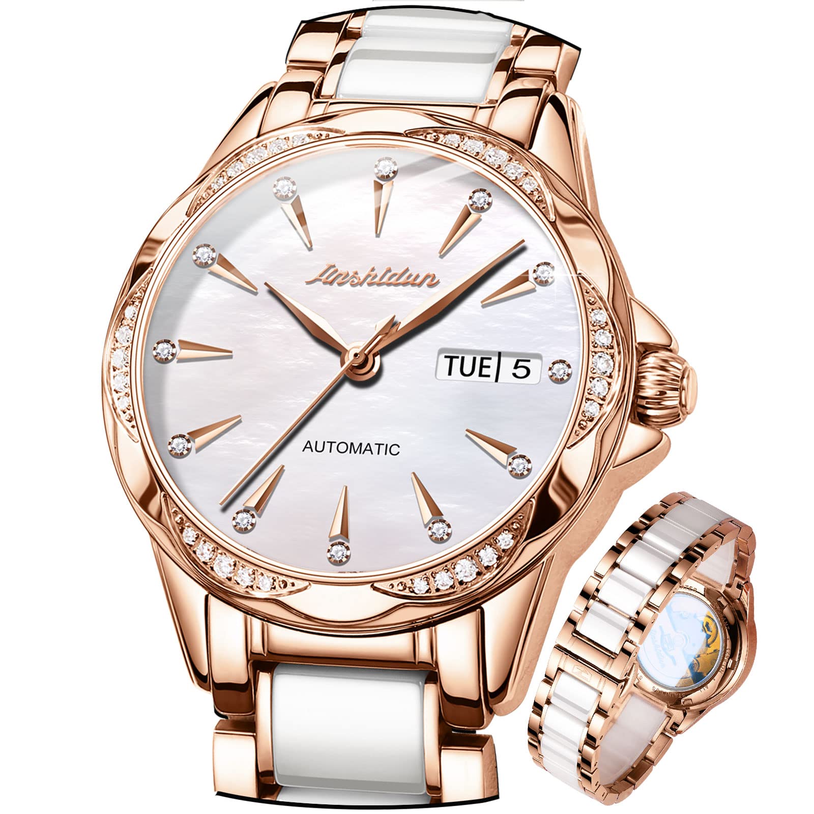 **Luxury Automatic Women's Watch - White Face, Rose Gold, Pearl Shell Dial, Mechanical Self-Winding, Waterproof, Day Date Display, Ceramic & Stainless Steel with Diamonds | Perfect for Office, Evening Events & Special Occasions**
