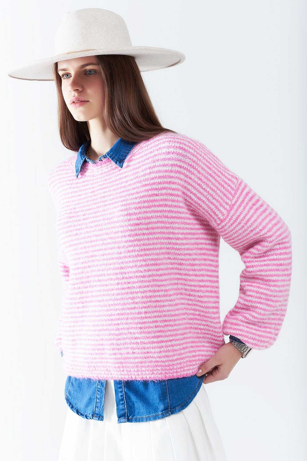 Women's Striped Pink Pullover Sweater - Soft & Cozy Knit Top for Casual Wear, Office & Fall Outfits