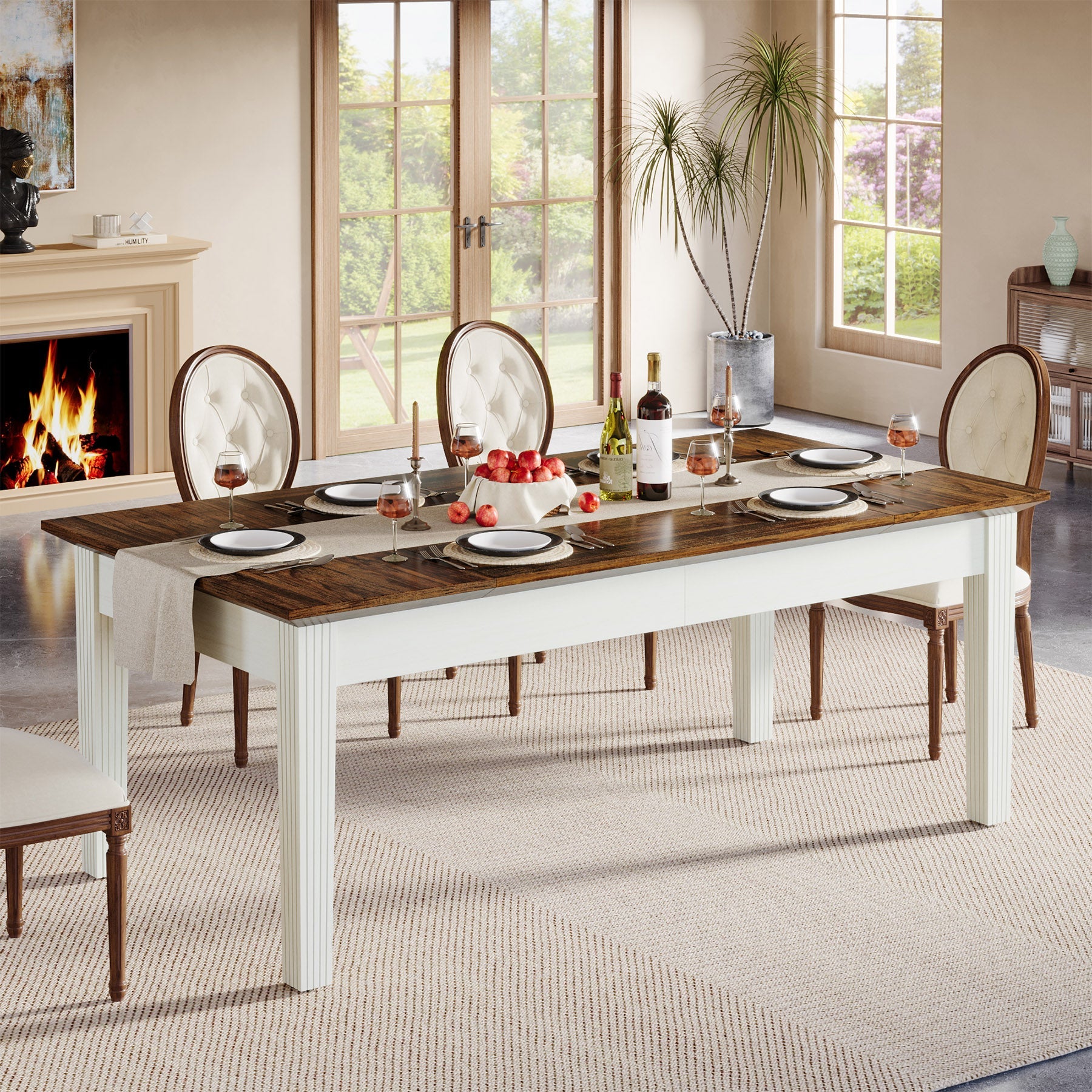 62 Inch Farmhouse Dining Table - Solid Wood Rectangular Kitchen Table for 4-6 People | Perfect for Family Meals, Dinner Parties & Farmhouse Style Decor