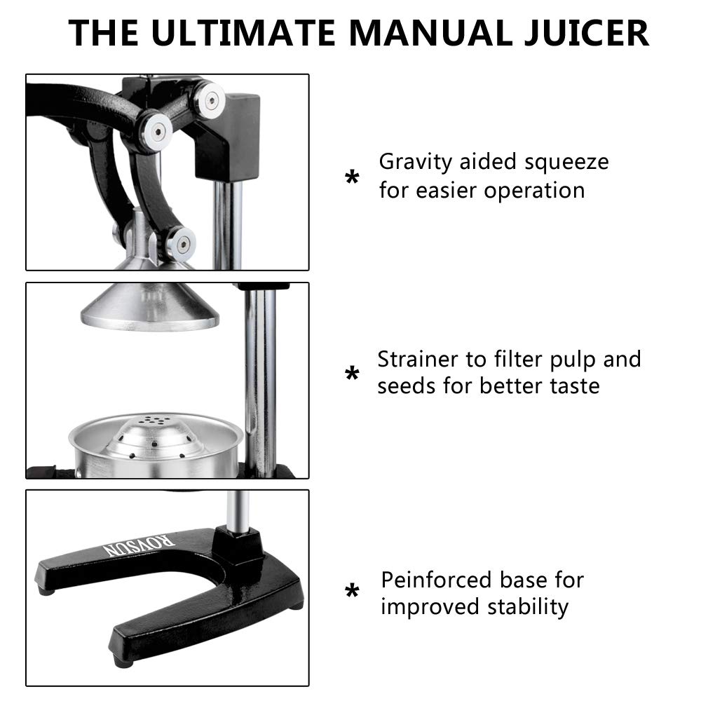 ROVSUN Heavy Duty Manual Citrus Juicer - Commercial Grade Lemon, Orange, Pomegranate & Lime Press - Black Stand for Fresh Juice Bars, Restaurants & Home Kitchen Use