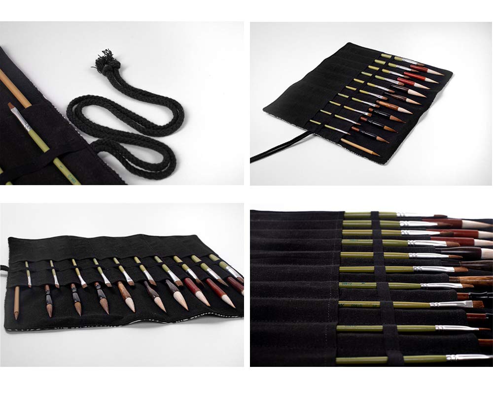 20-Slot Canvas Paint Brush Roll Holder - Artist & Makeup Brush Organizer Pouch Case - Lightweight & Portable for Travel (Black) - Perfect for Artists, Makeup Professionals & Students