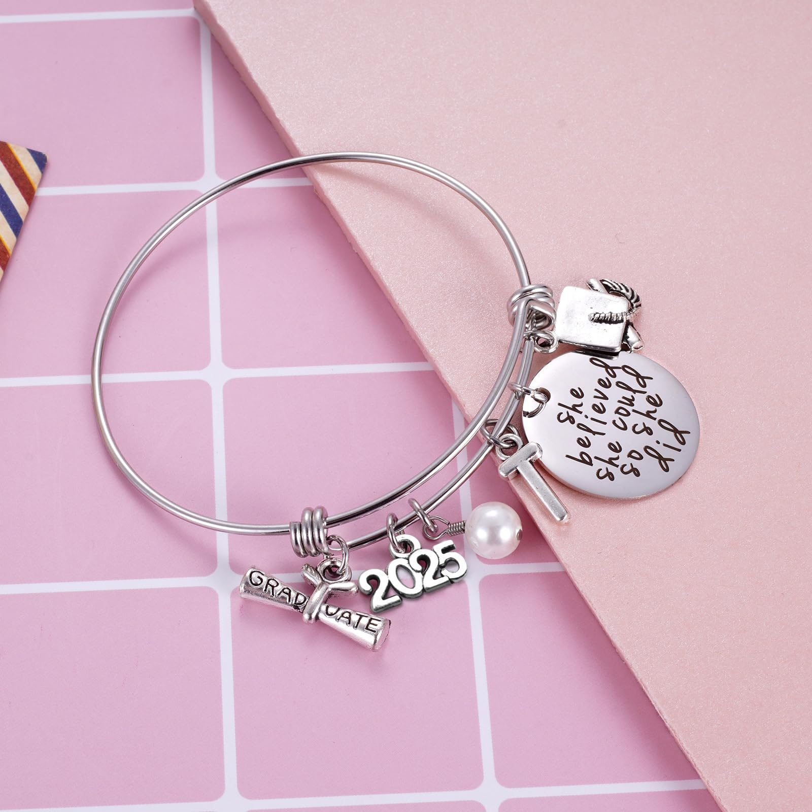 Ukodnus Class of 2025 Graduation Gift Bracelet - Personalized 26 Initial Charm Bracelet for High School & College Seniors - Inspirational Graduation Jewelry for Women - Perfect Gift for Graduation Ceremony, Senior Week & Alumni Reunions