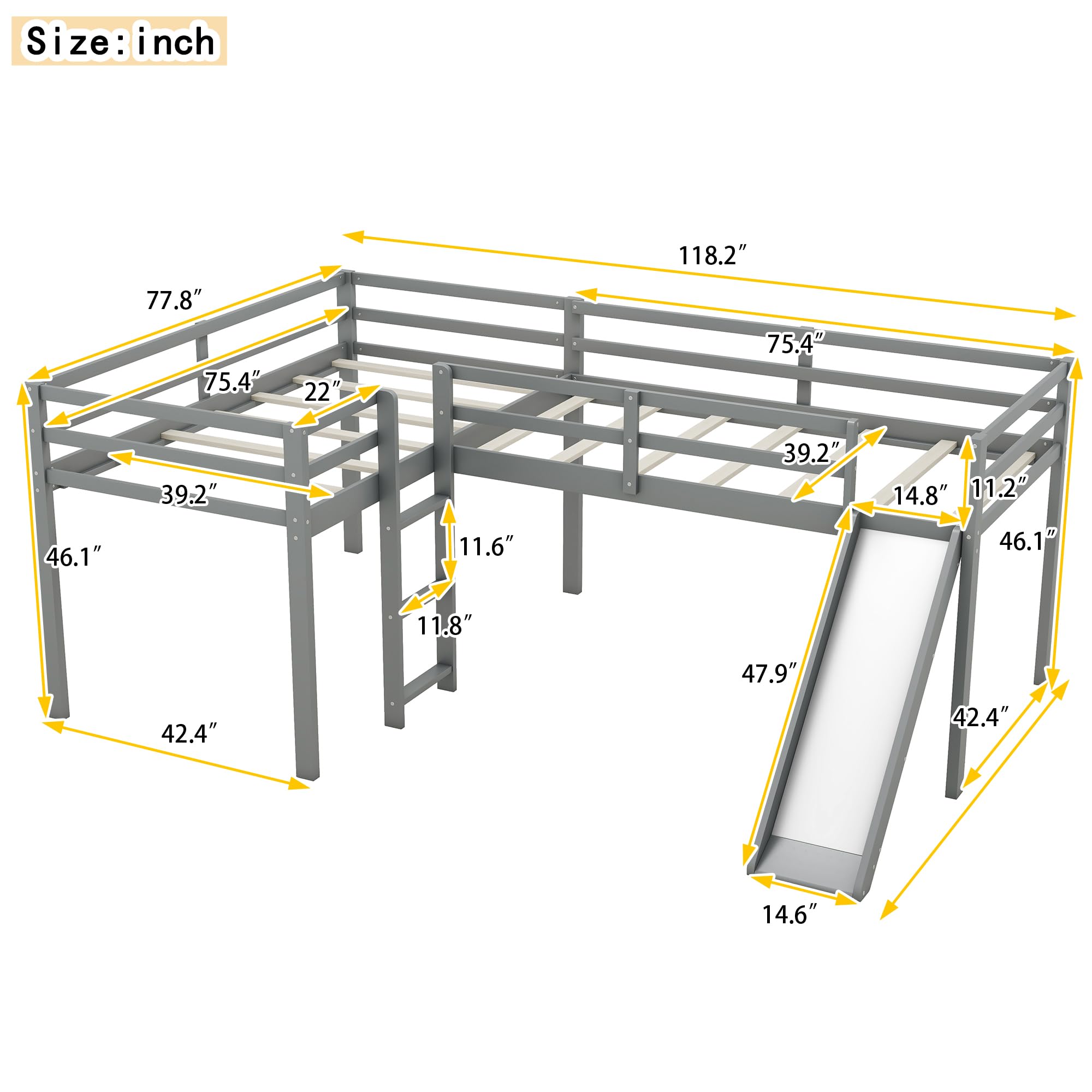 Harper & Bright Designs Twin L-Shaped Loft Bed with Slide - Grey Wooden Bunk Bed for Kids & Teens - Country Style Loft Bed with 200 Lbs Weight Capacity - Perfect for Small Bedrooms, Playrooms & Dorm Rooms