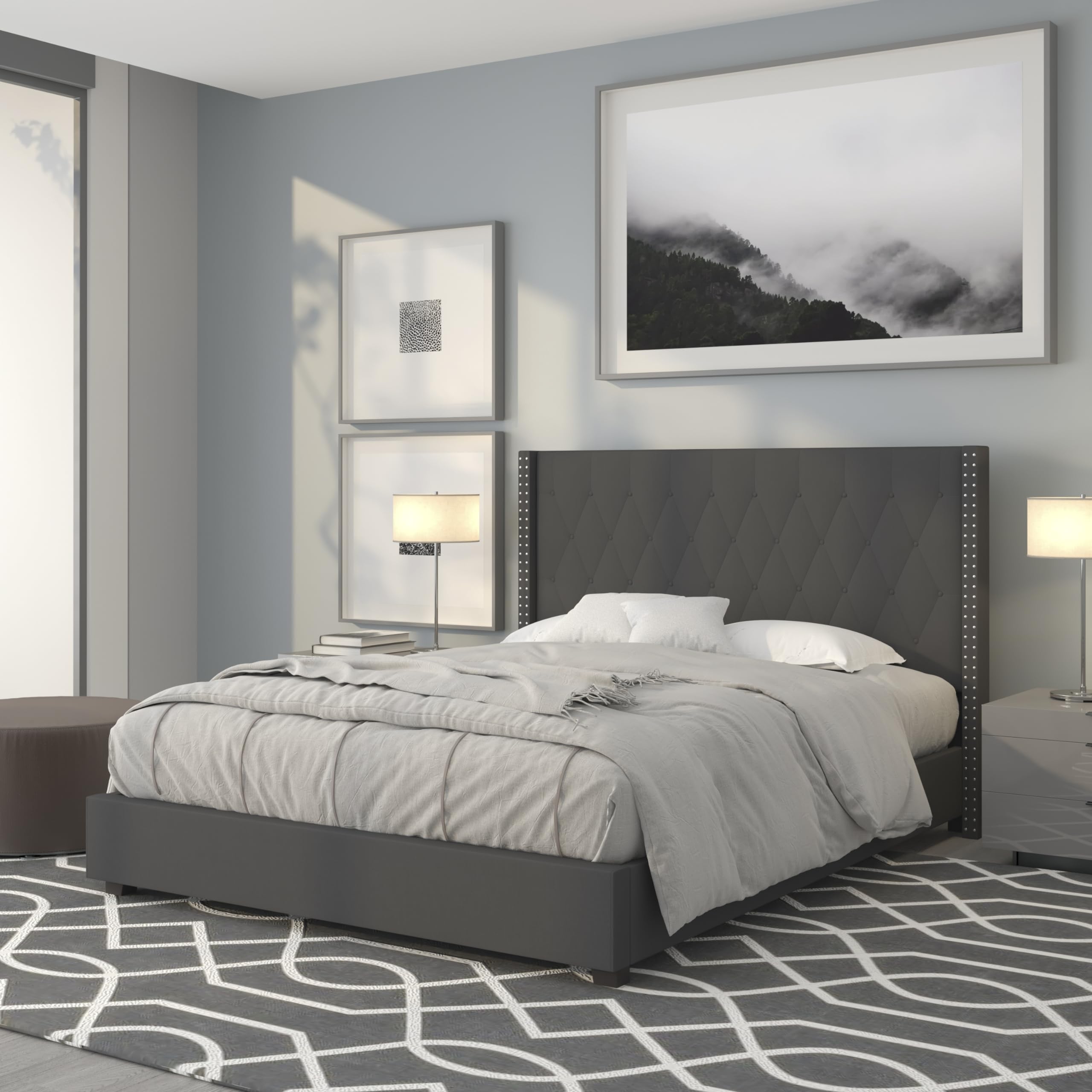 Dark Gray Fabric Queen Size Accent Extended Panel Platform Bed Frame - Modern Upholstered Bed for Master Bedroom, Guest Room & Apartment