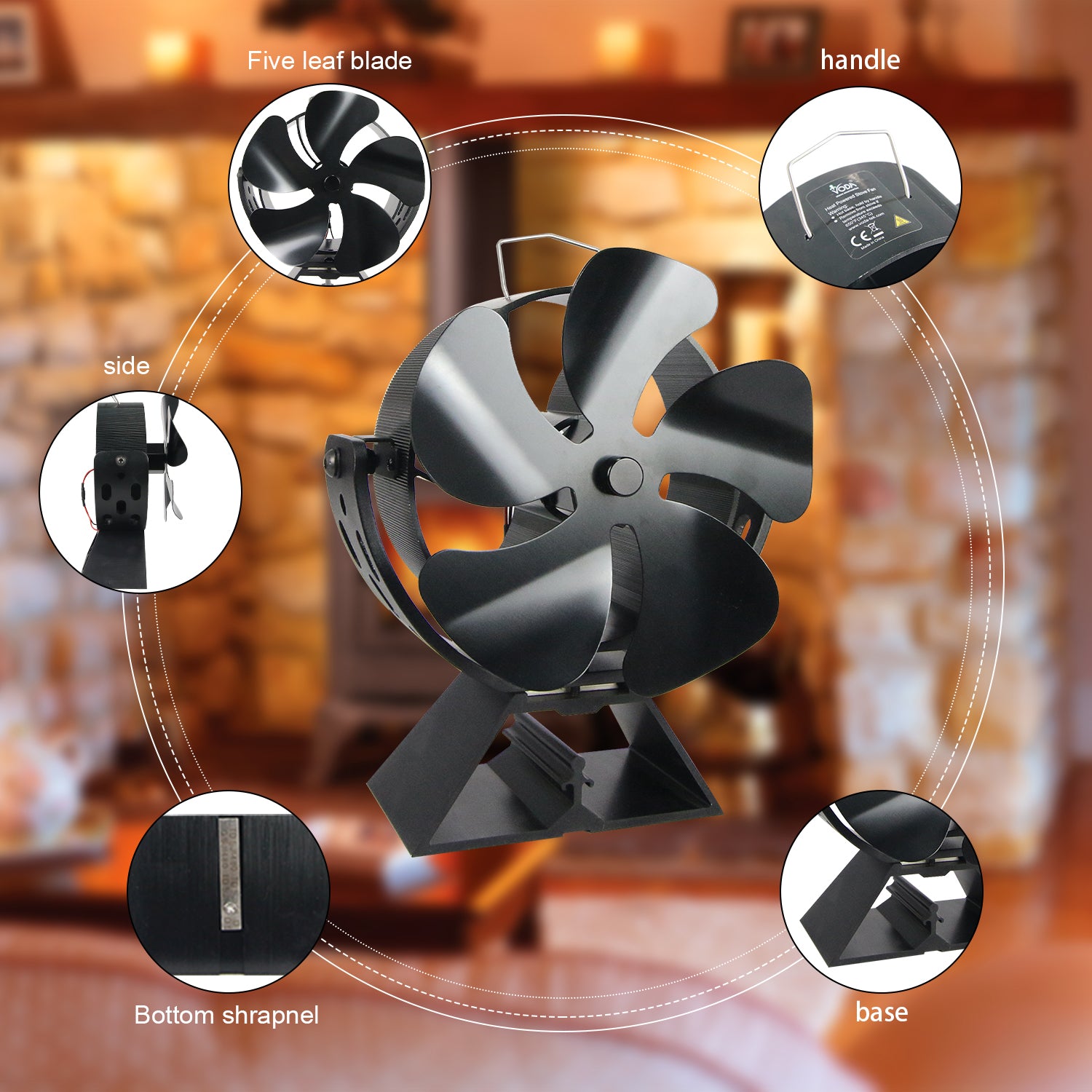 VODA 5-Blade Heat Powered Wood Stove Fan with 180° Adjustable Rotation - Efficient Fireplace Heating for Home, Cabin & RV Use