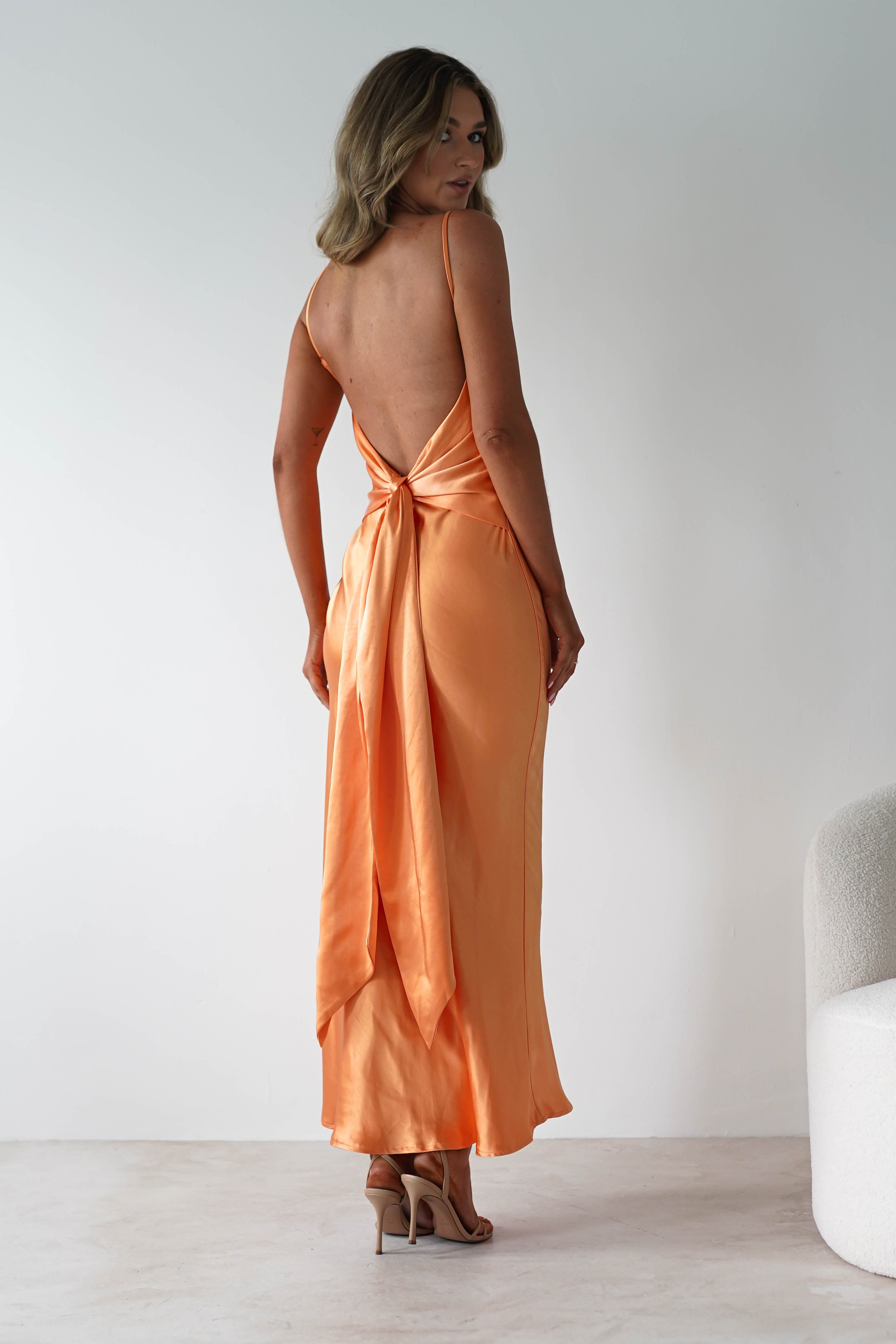 Hermie Women's Silky Satin Maxi Dress - Flowy Long Evening Gown with V-Neck & Slit | Orange | Perfect for Parties, Weddings & Special Occasions