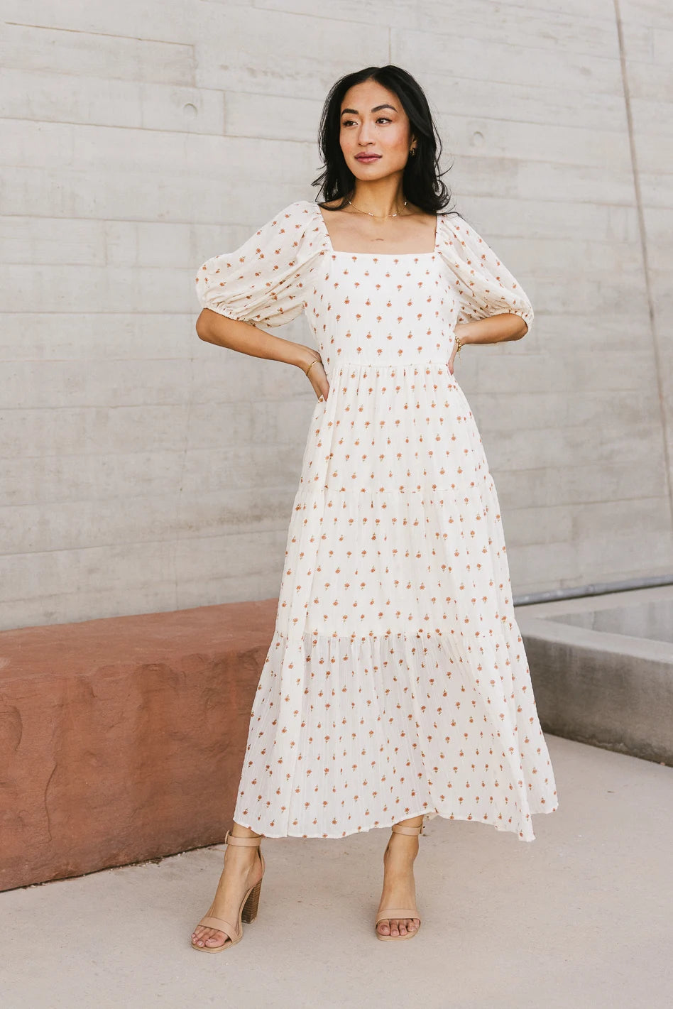 Landrie Ditsy Floral Dress in Rust - Women's Boho Summer Dress with Short Sleeves & Flowy Skirt | Perfect for Beach Vacations, Date Nights & Casual Outings