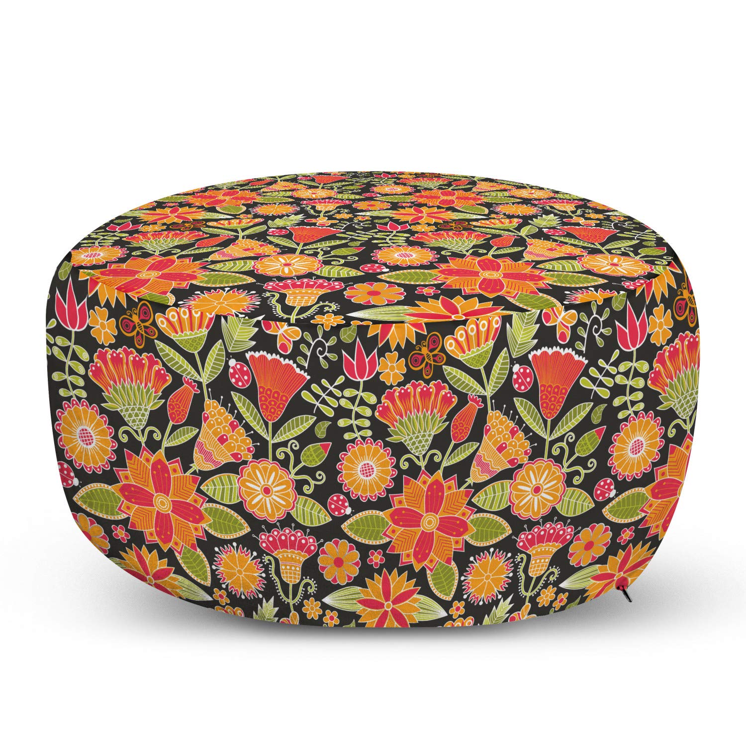 Ambesonne Floral Ottoman Pouf - Polish Folk Art Style Foot Rest with Colorful Flower Design, Removable Washable Cover for Living Room, Bedroom & Nursery - Burnt Sienna Multicolor Home Decor Accent Piece | Perfect for Reading Nooks, Coffee Tables and Lounge Areas