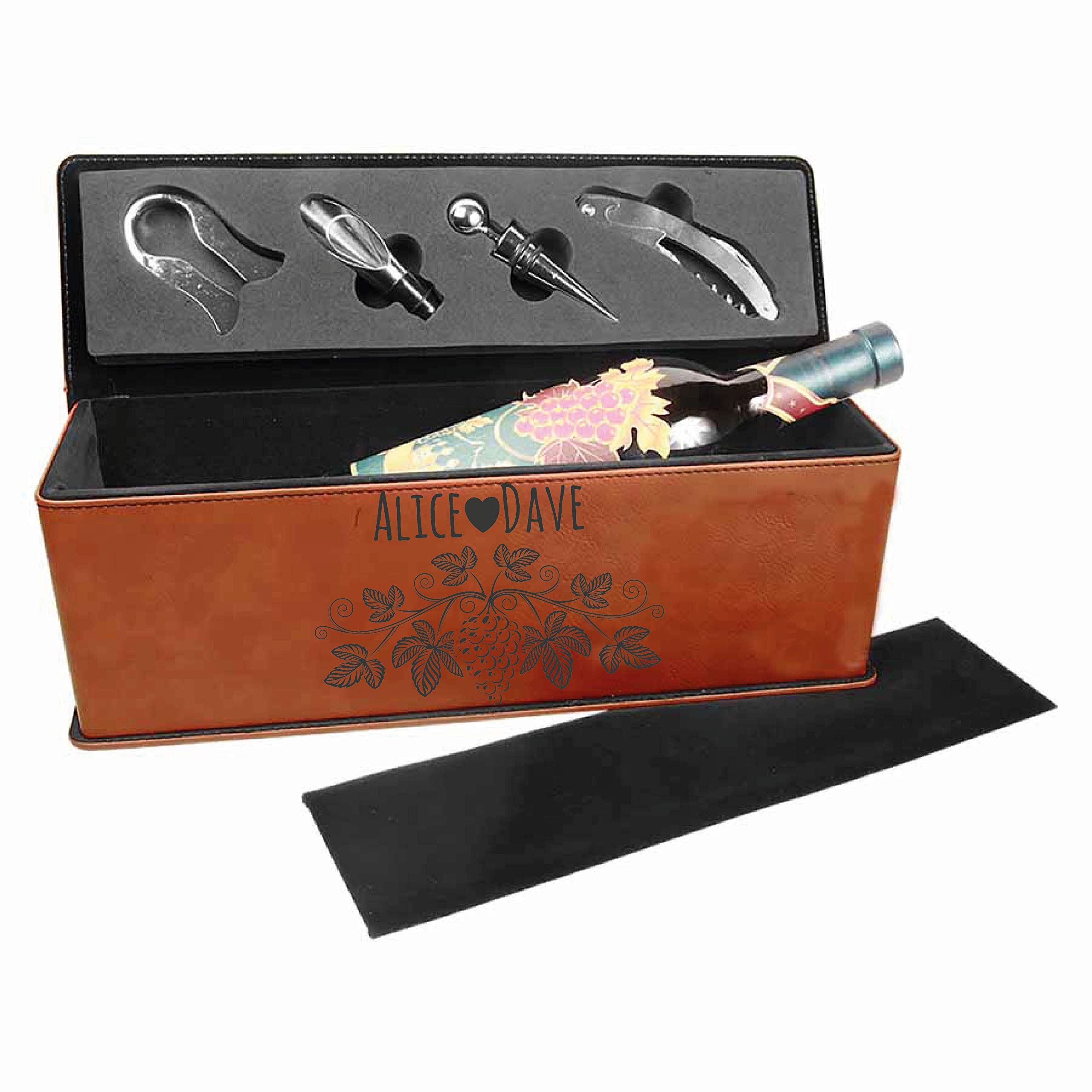 Personalized Leatherette Wine Gift Box Set with Tools - Custom Engraved Single Bottle Holder for Christmas, New Year, Father's Day Presents - Perfect for Gifting, Home Bars & Special Occasions