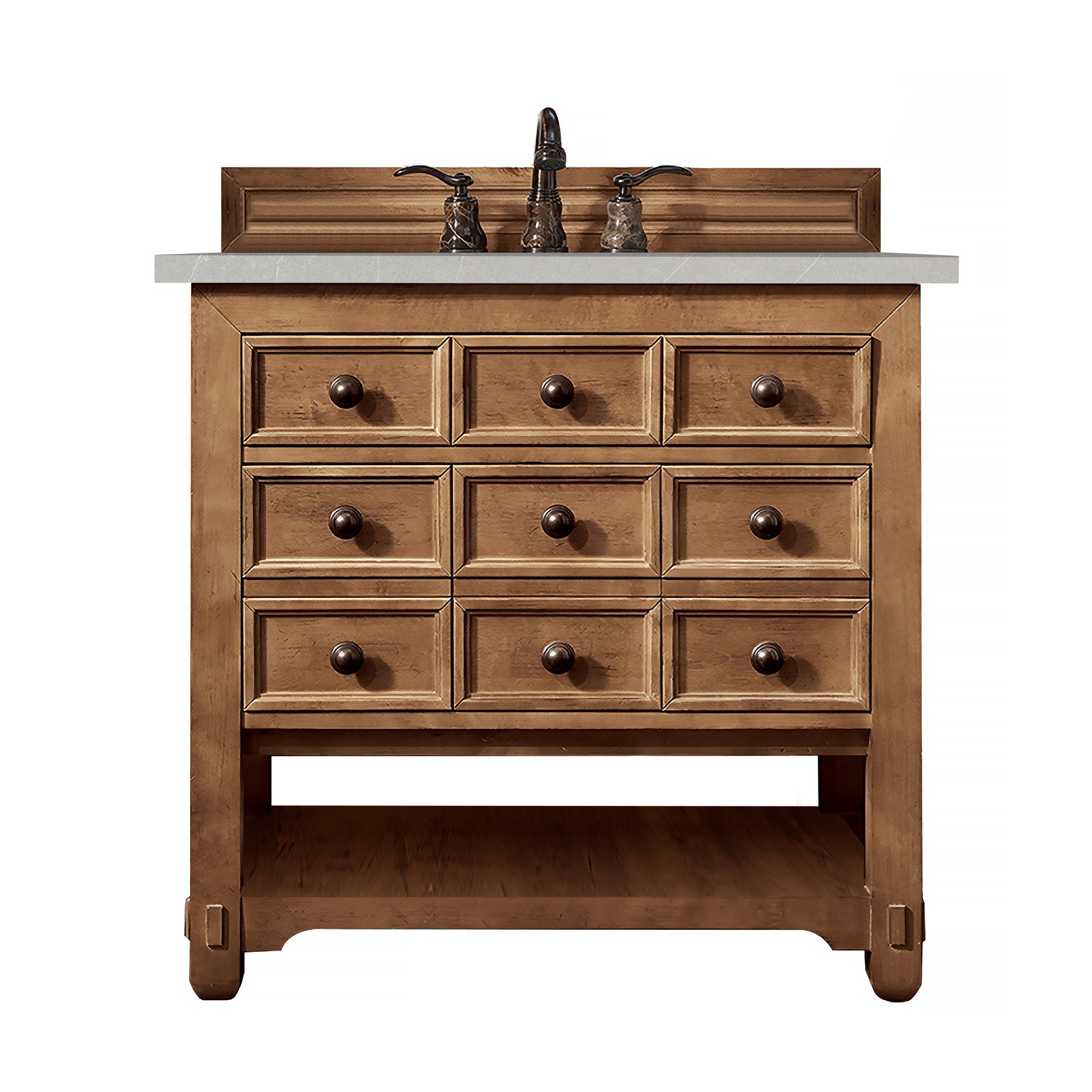 Malibu 36 Inch Single Bathroom Vanity with Honey Alder Wood & 3CM Eternal Serena Quartz Top - Modern Farmhouse Style for Master Bath, Guest Bath & Powder Room