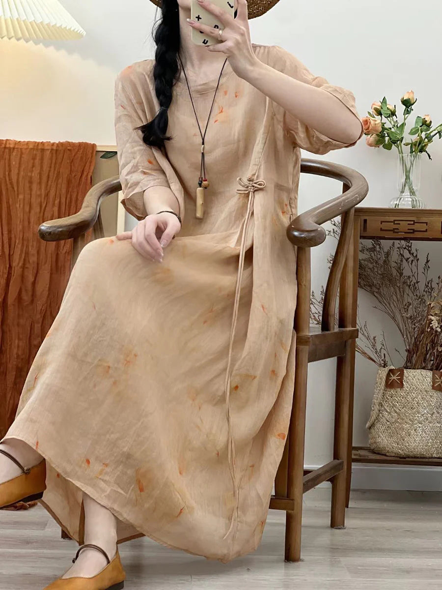 Plus Size Summer Floral Print Loose Fit Ramie Dress for Women - Comfortable Vacation & Beach Wear for Travel