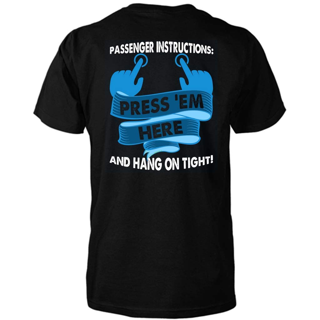 Funny Biker T-Shirt with 'Passenger Instructions Press Here' Design - Perfect for Motorcycle Riders & Road Trips