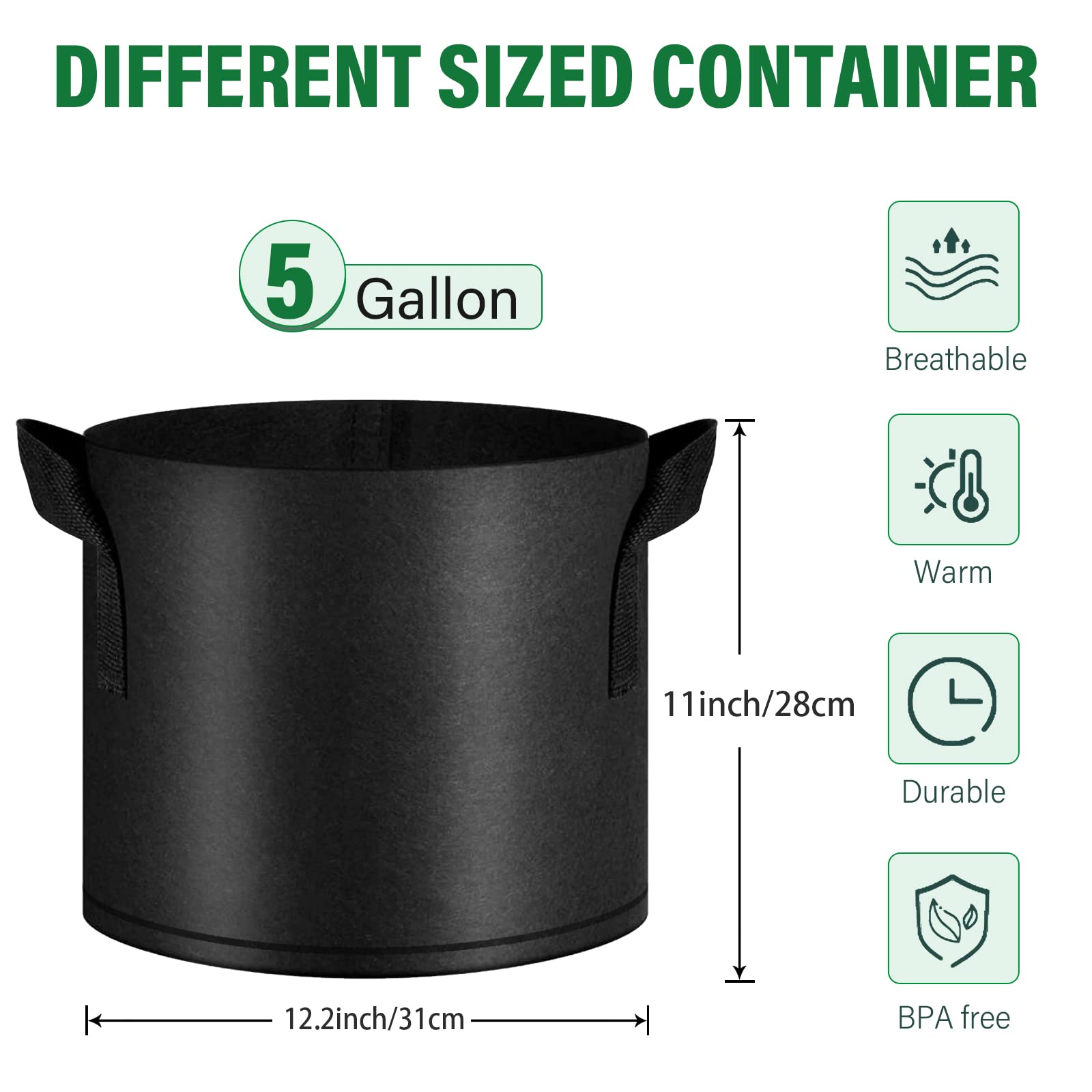 12 Pack 5 Gallon Heavy Duty Thickened Non-Woven Grow Bags with Handles - 300G Durable Plant Fabric Pots for Vegetables, Flowers, Herbs & Fruits - Ideal for Indoor/Outdoor Gardening, Balcony Planting & Container Gardening
