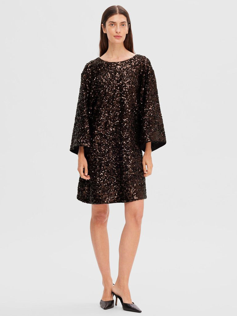 Elegant Femme Mallie Sequin Party Dress in Java - Perfect for Evening Events, Prom, and Special Occasions