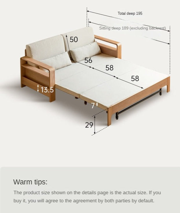 Solid Wood Sleeper Sofa - Beech & Oak Multi-Functional Convertible Sofa Bed for Living Room, Guest Room & Small Spaces