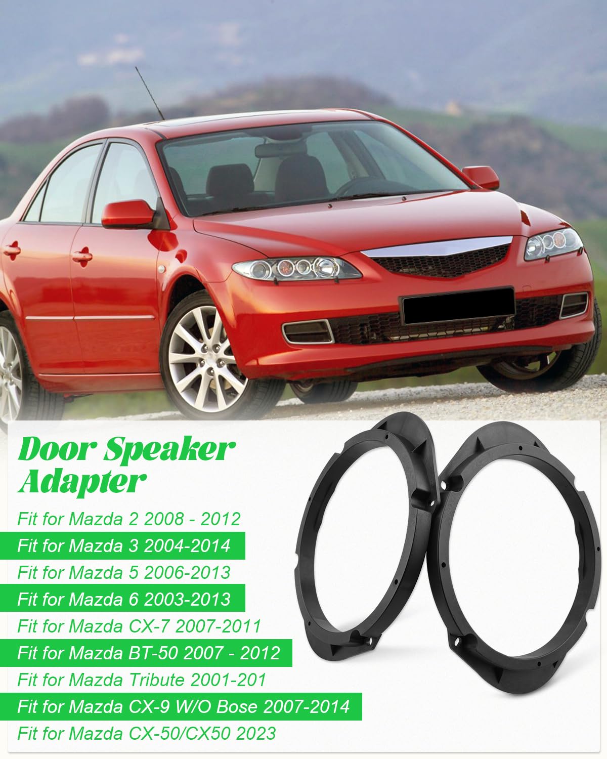 5x7 to 6.5 Inch & 6x8 to 6.5 Inch Speaker Adapter Spacer for Mazda 2 3 6 CX-7 BT-50 Tribute CX-9 (Excludes CX-50) - Front/Rear Door Speaker Mounting Bracket - Perfect for Car Audio System Upgrade