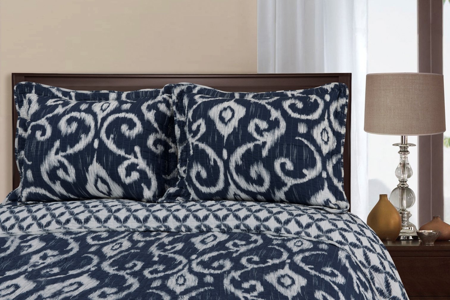 Premium 100% Cotton 3-Piece Full/Queen Quilt Set - Ultra Soft Dark Blue Bedding for Cozy Bedroom Decor & Guest Room Essentials